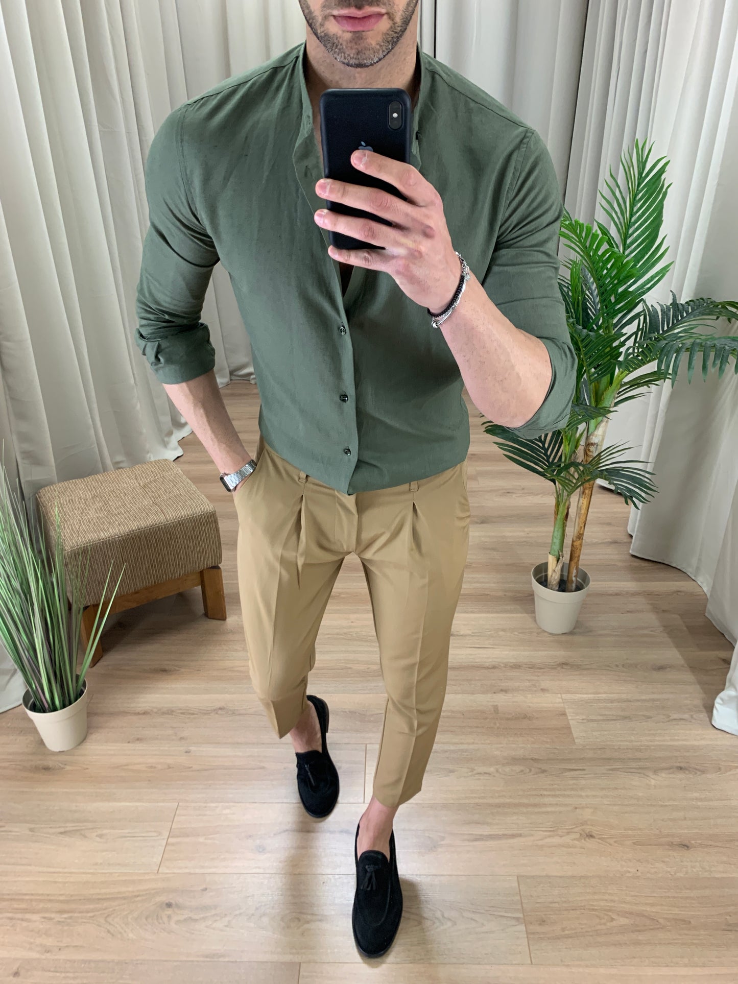 Camicia Santorini in Lino alla coreana col. Verde Militare