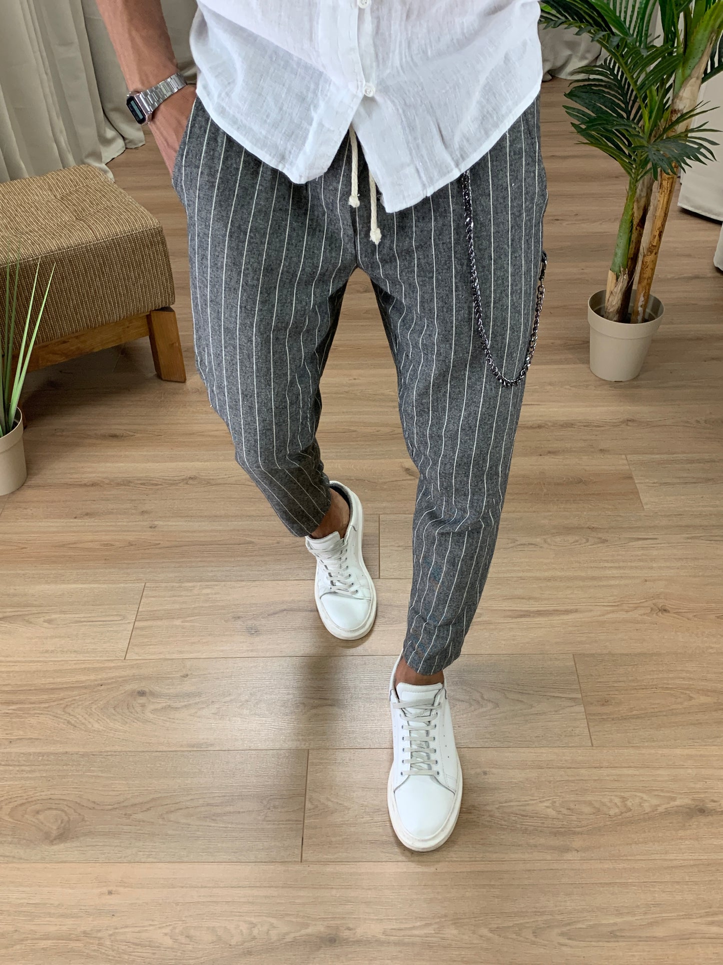 Pantalaccio Frost effetto Lino Gessato a righe col. Nero