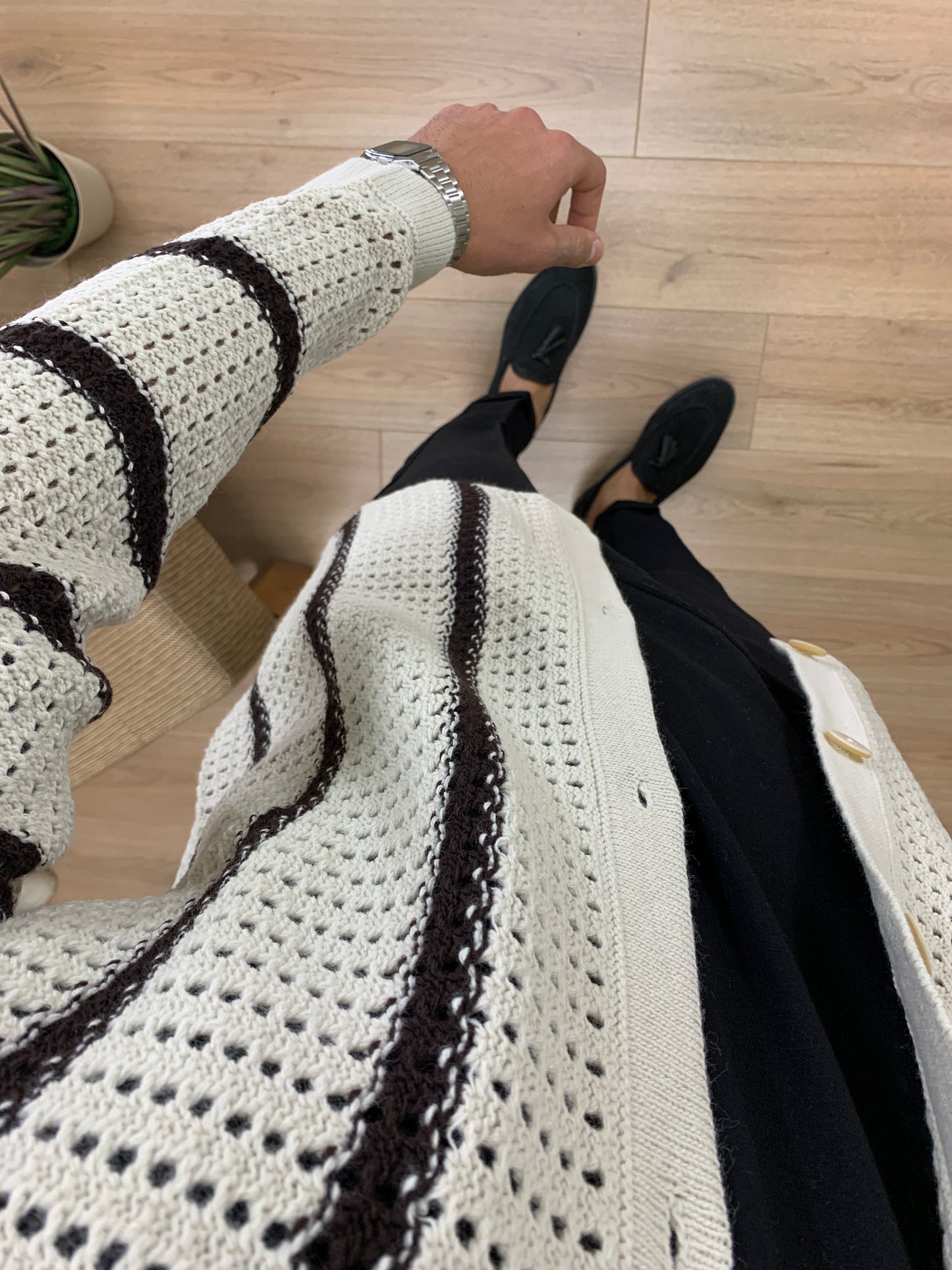 Cardigan Traforato misto Lana riga Nera col. Avorio