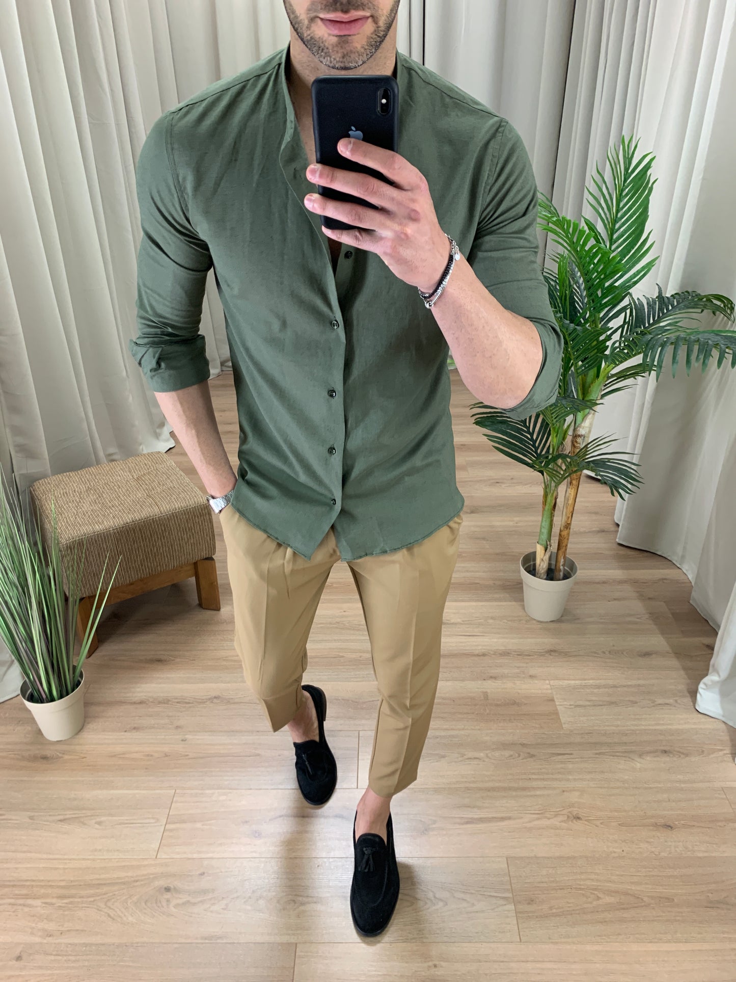 Camicia Santorini in Lino alla coreana col. Verde Militare