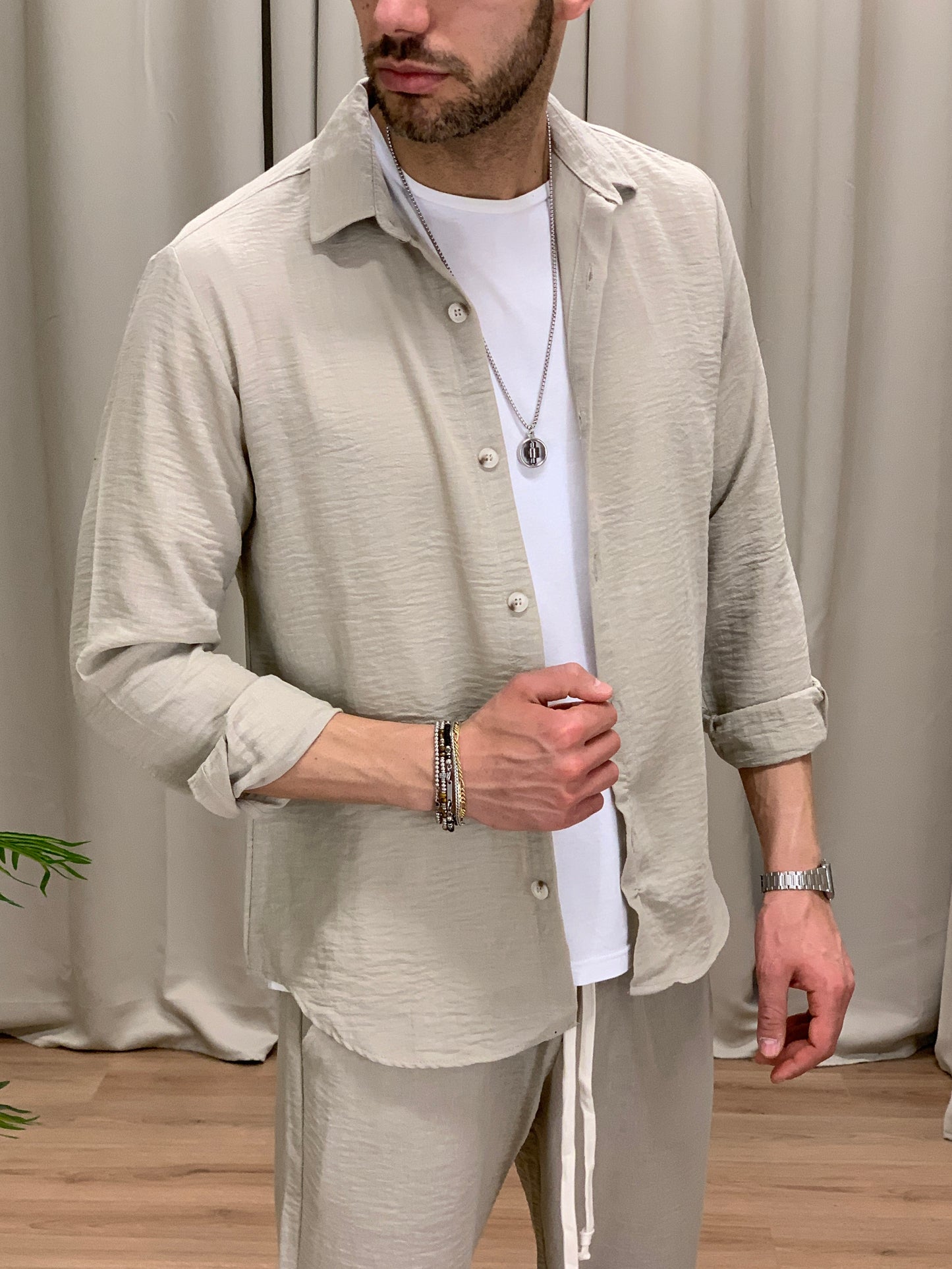 Completo 544 effetto Lino Pantalone + Camicia col. Beige