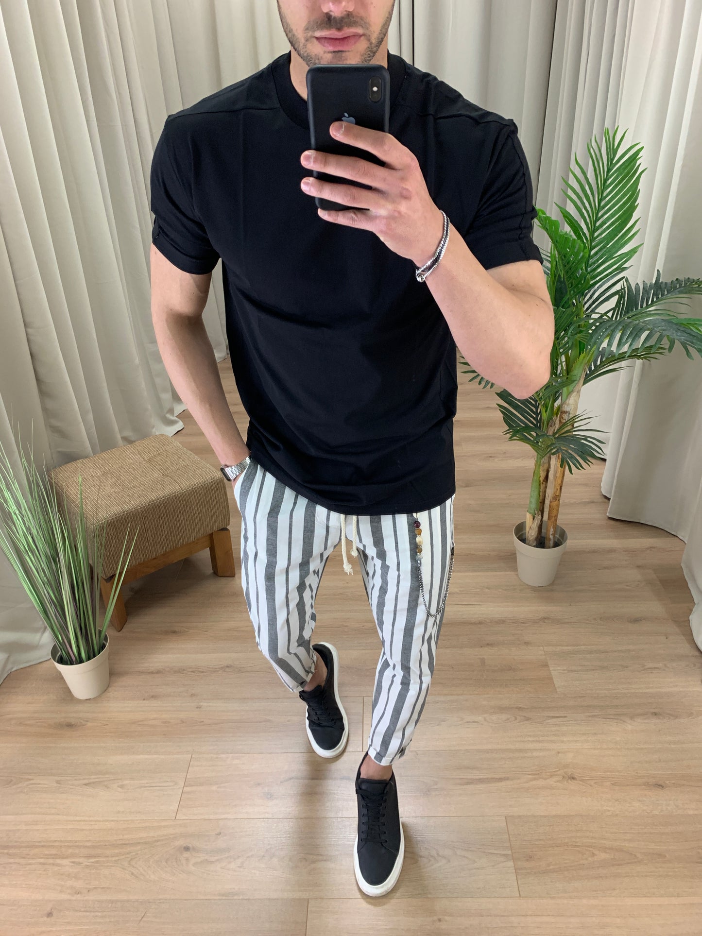 Pantalaccio Summer a righe effetto Lino col. Nero