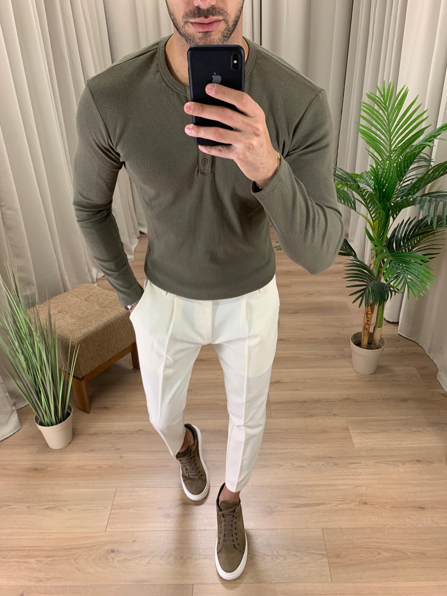 Maglia scollo Serafino con micro Costine col. Verde Militare