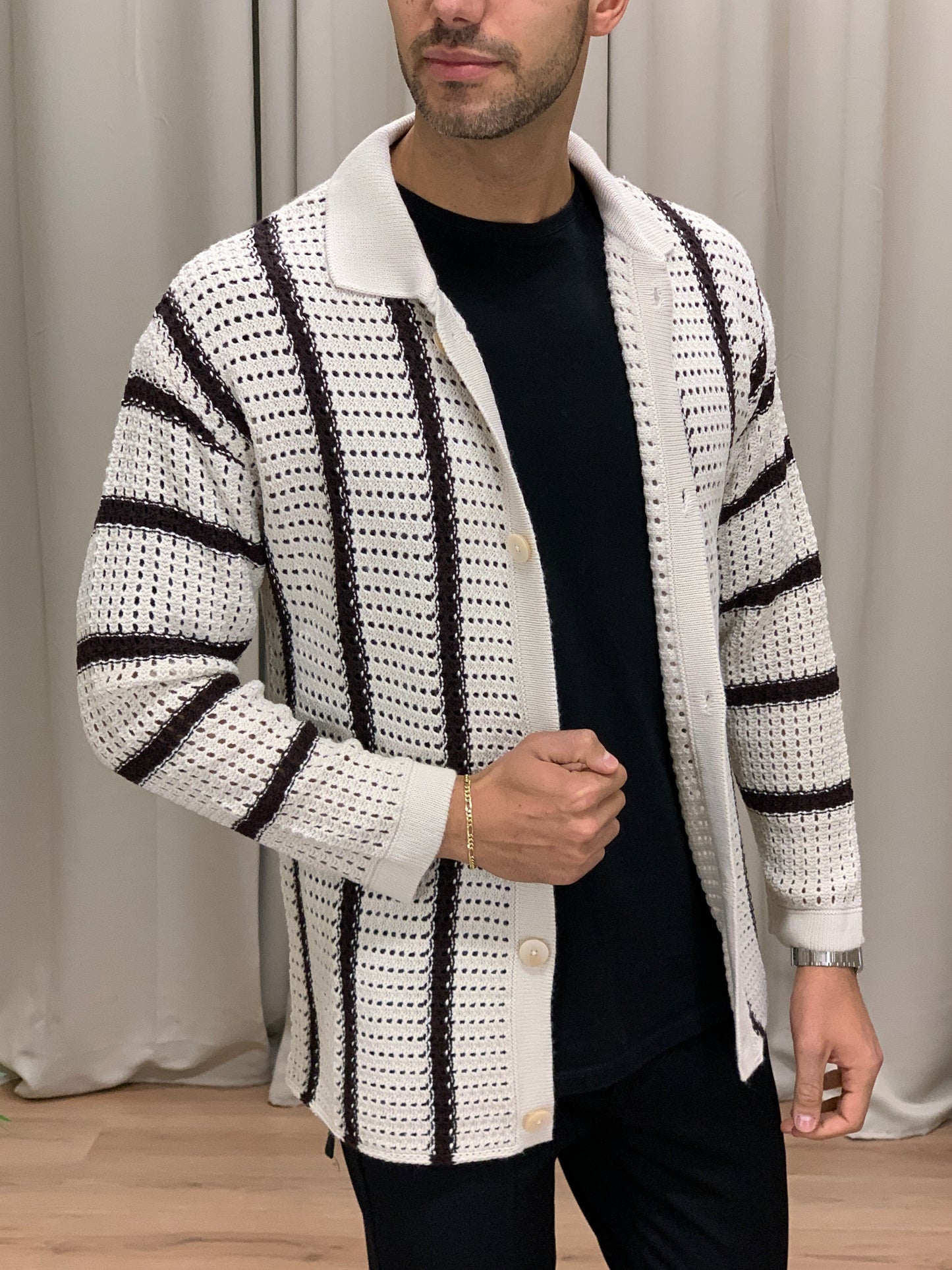 Cardigan Traforato misto Lana riga Nera col. Avorio