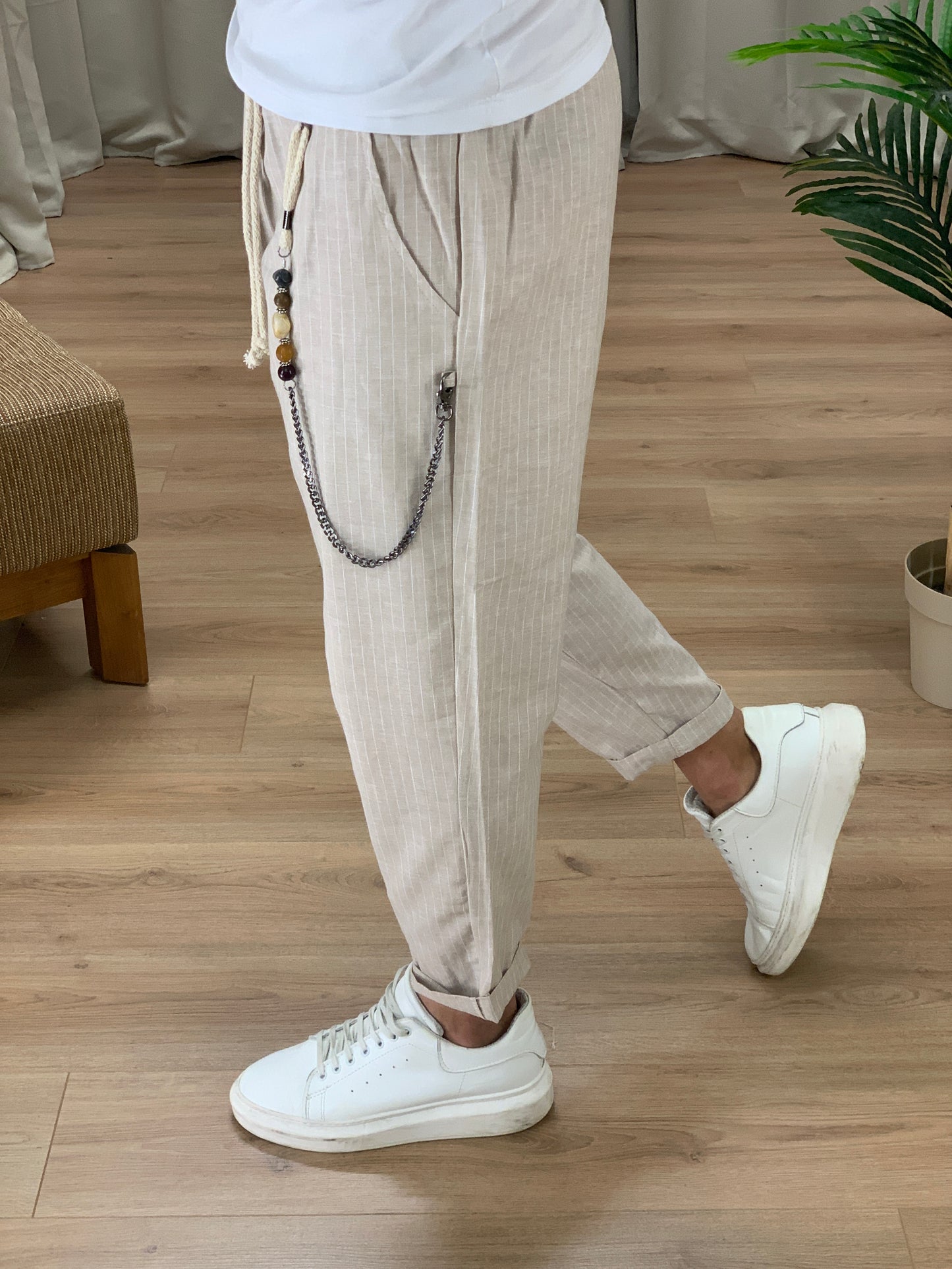 Pantalaccio Portland a righe in Lino col. Beige