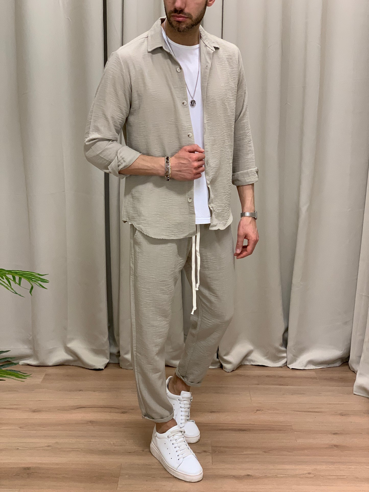 Completo 544 effetto Lino Pantalone + Camicia col. Beige