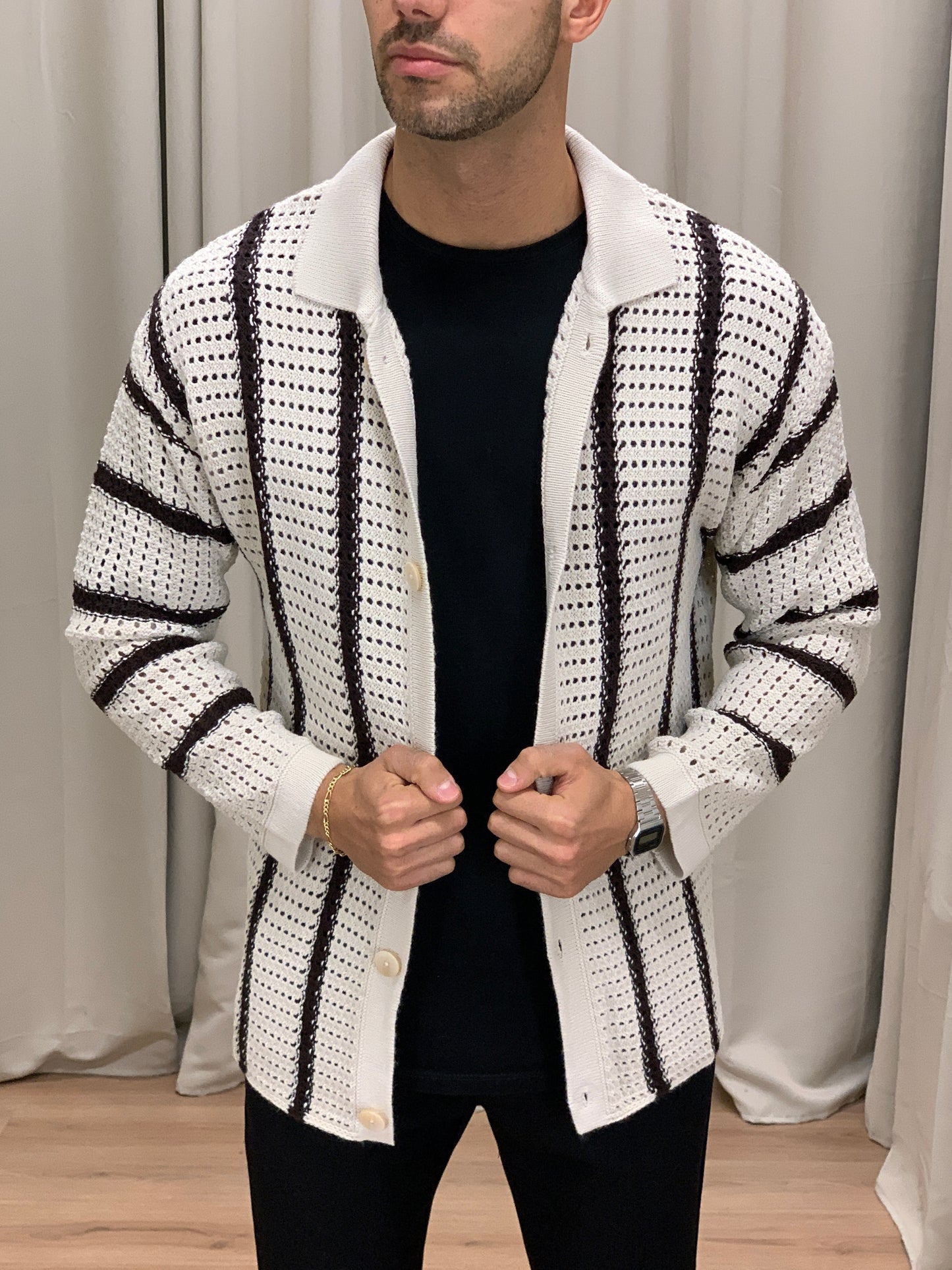Cardigan Traforato misto Lana riga Nera col. Avorio