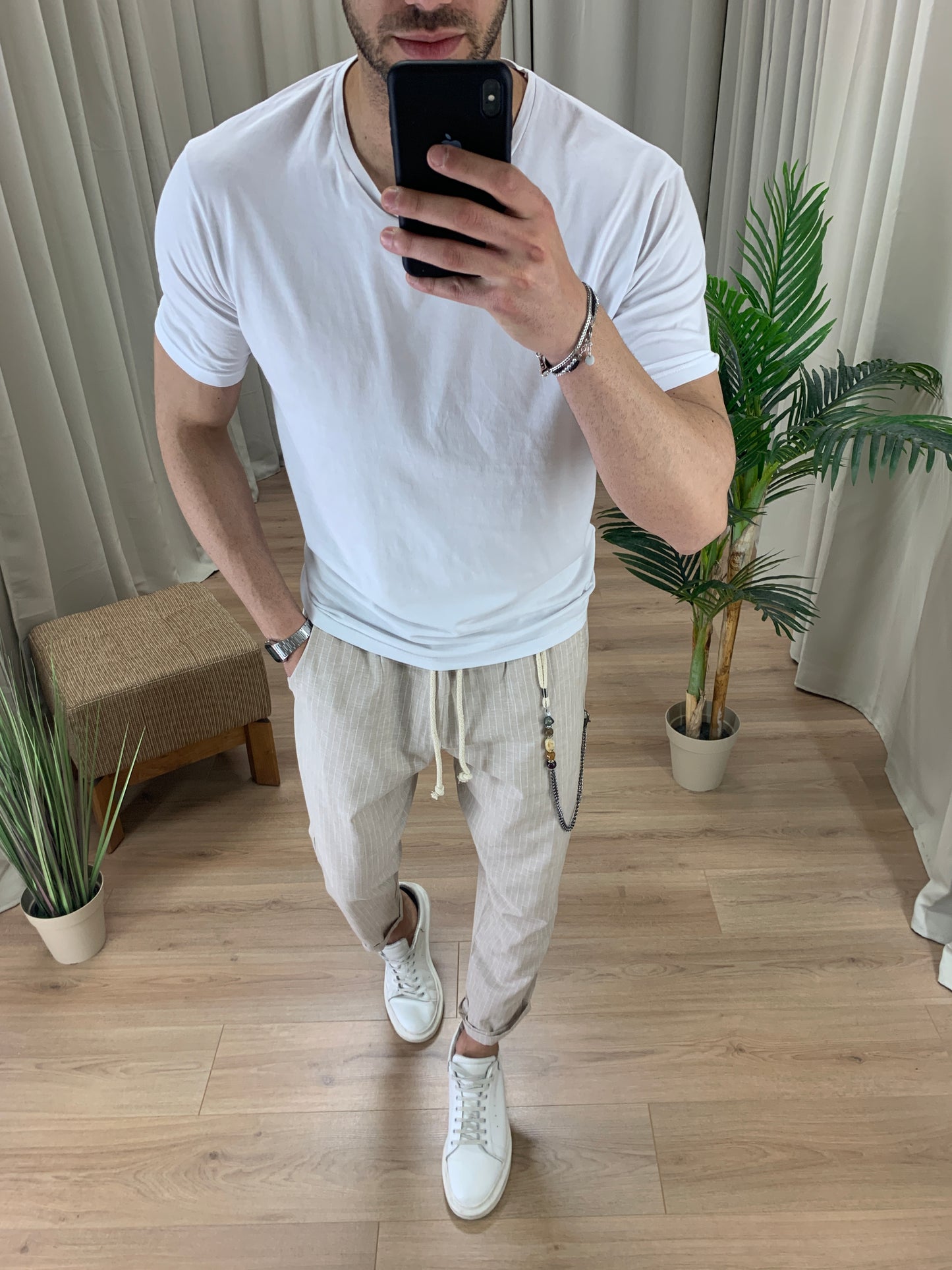 Pantalaccio Portland a righe in Lino col. Beige