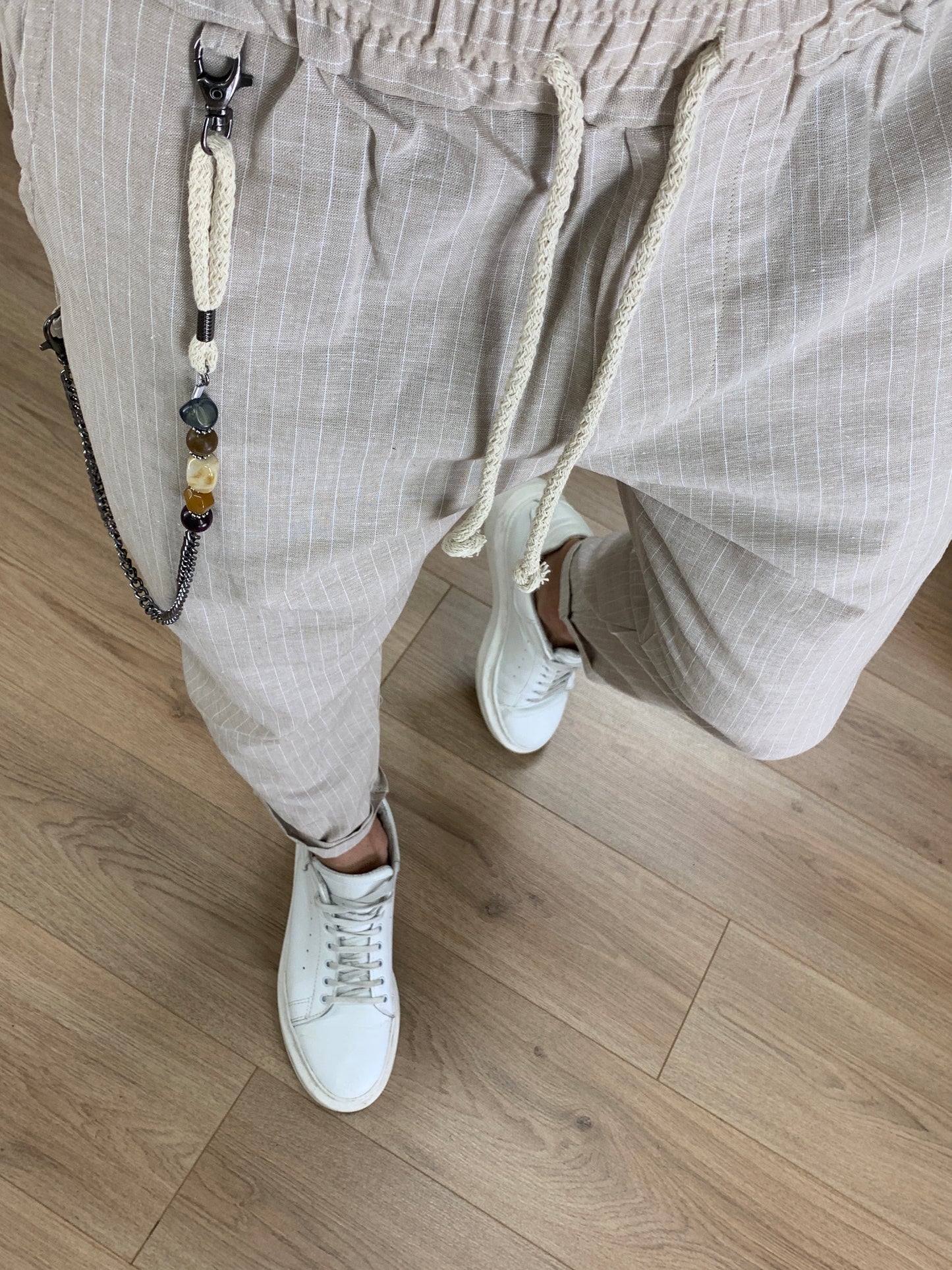 Pantalaccio Portland a righe in Lino col. Beige