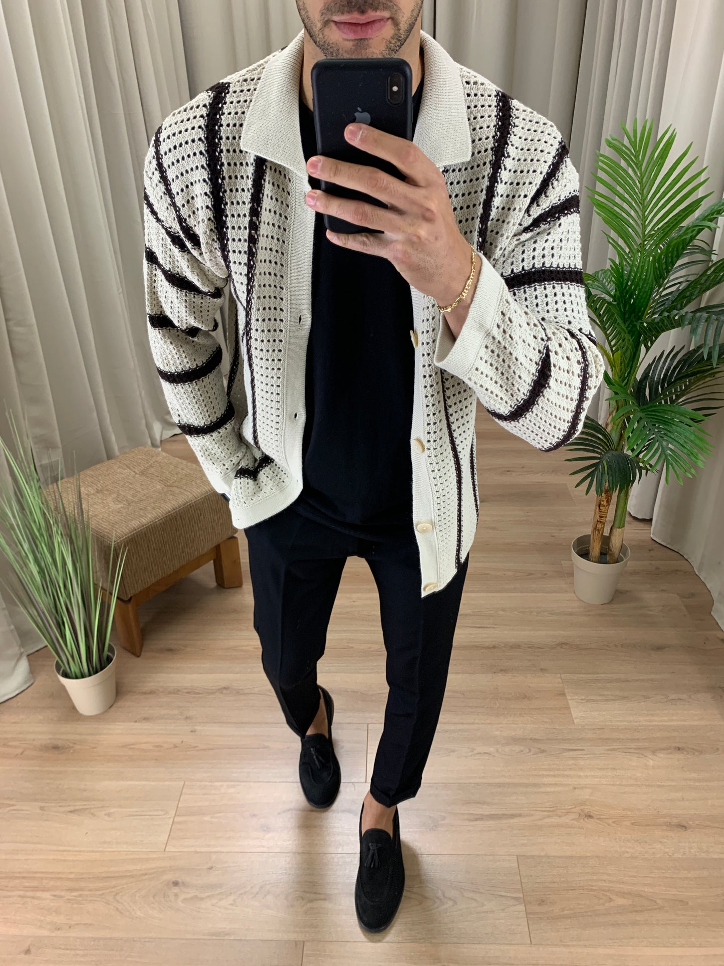 Cardigan Traforato misto Lana riga Nera col. Avorio