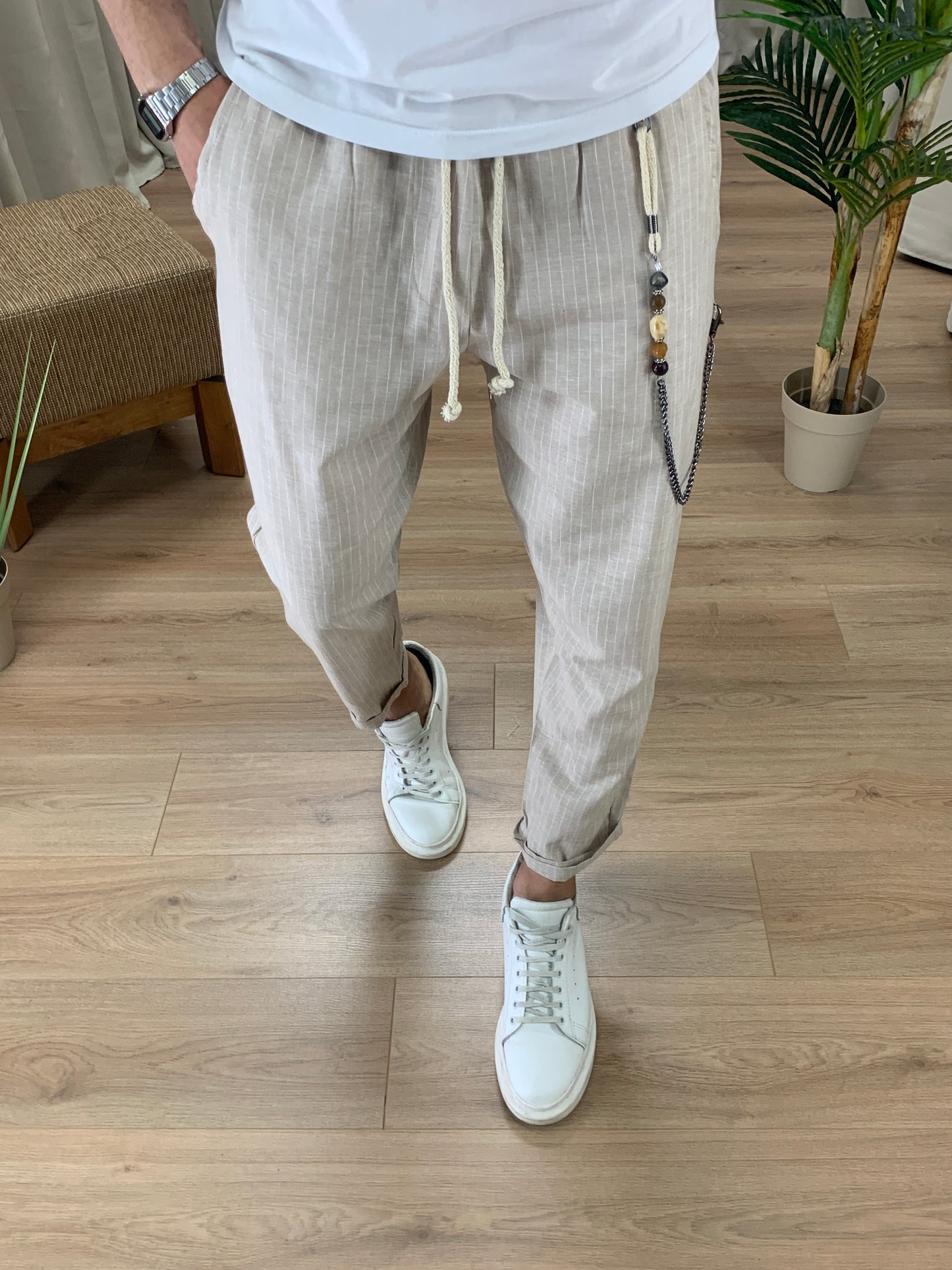 Pantalaccio Portland a righe in Lino col. Beige