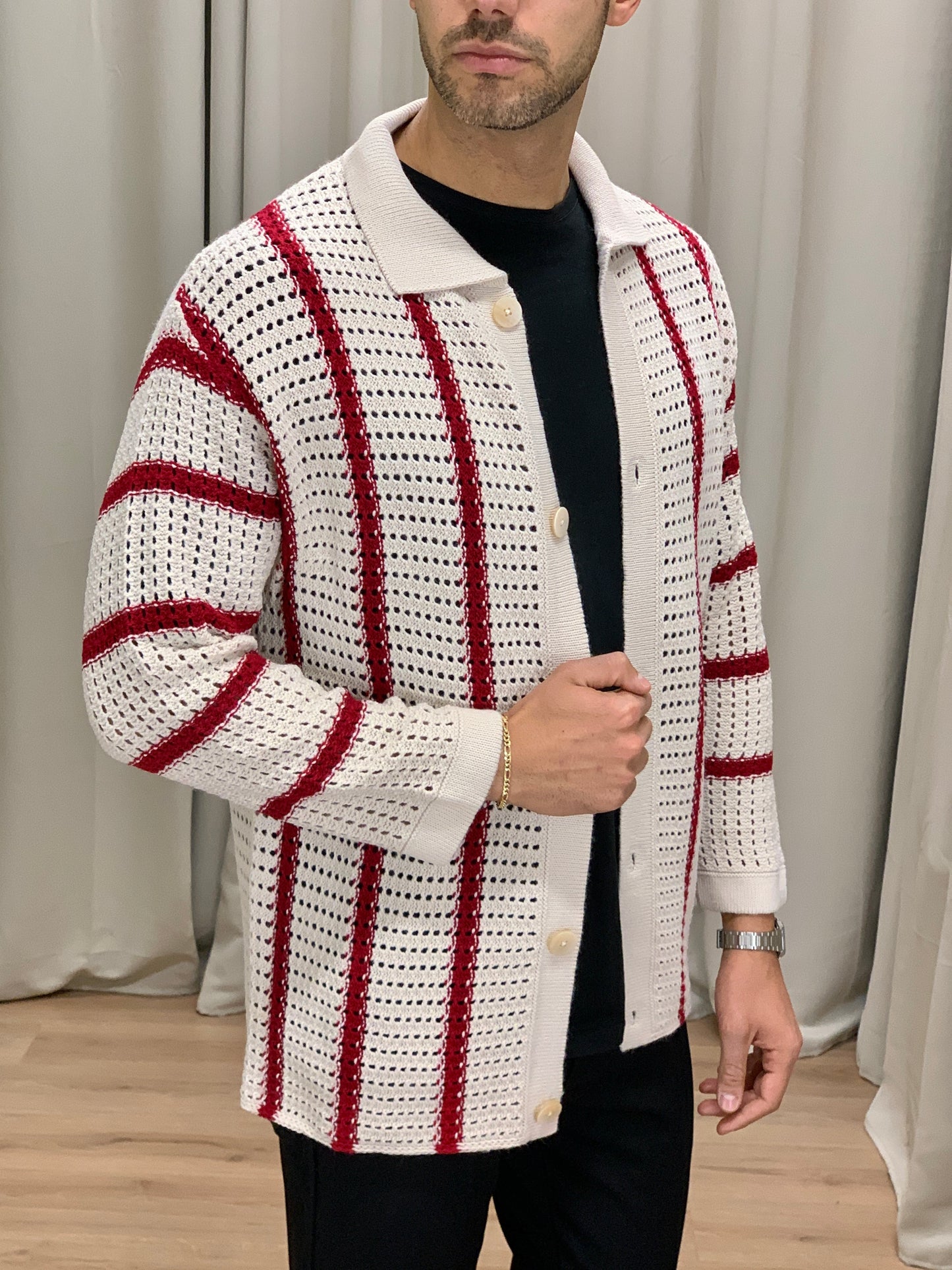 Cardigan Traforato misto Lana riga Rossa col. Avorio