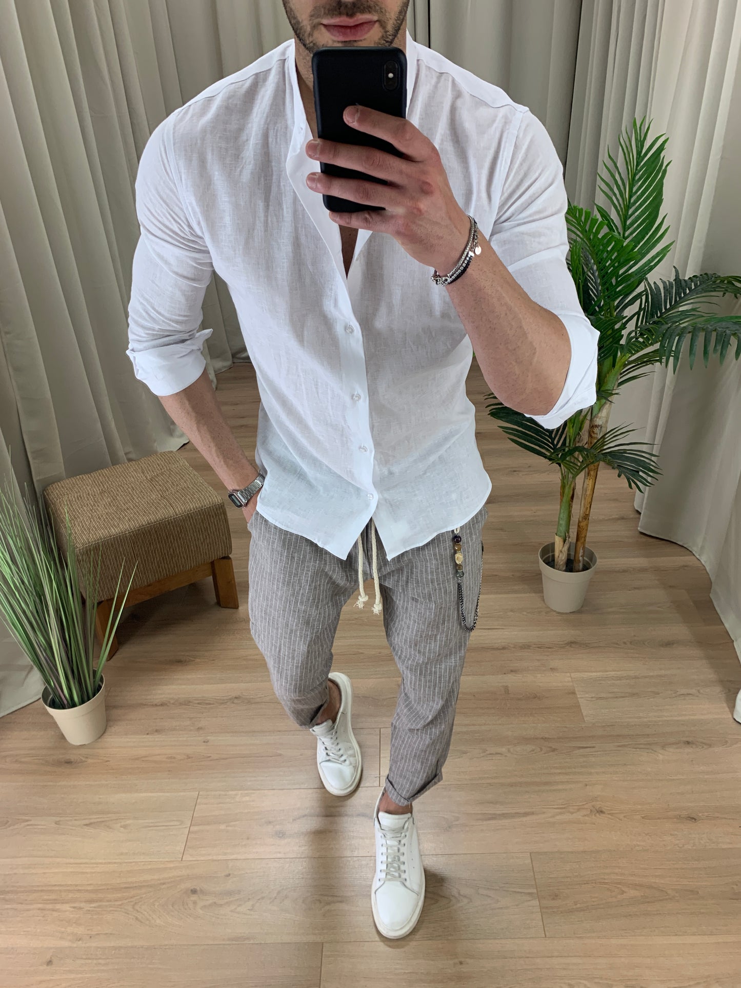 Pantalaccio Portland a righe in Lino col. Tortora