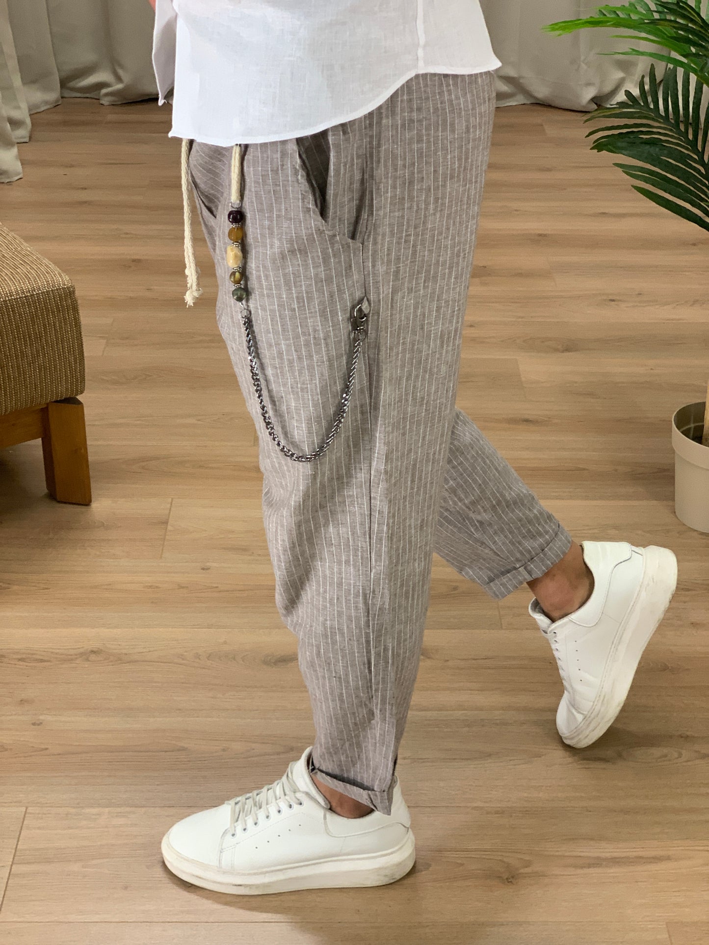 Pantalaccio Portland a righe in Lino col. Tortora