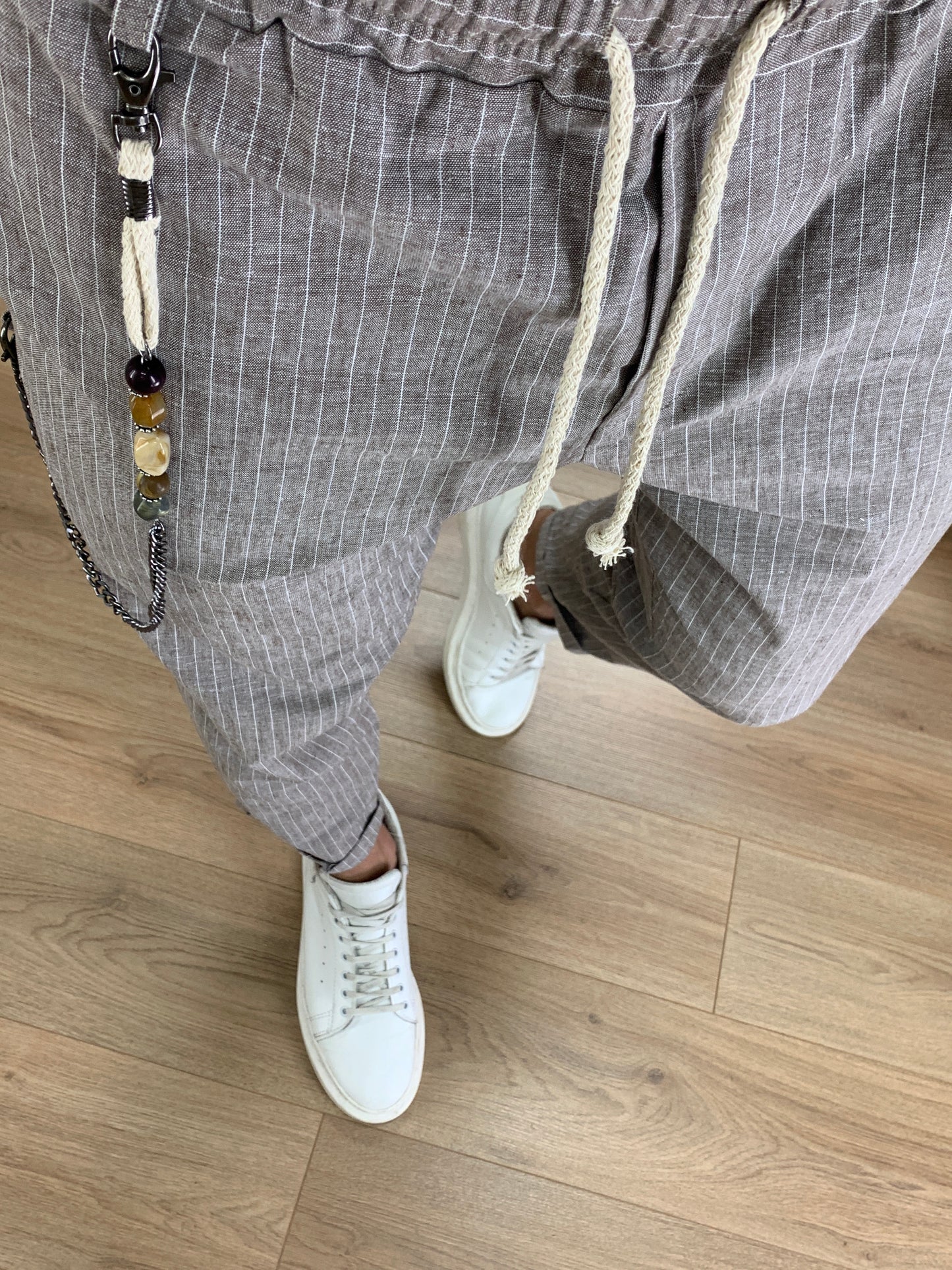 Pantalaccio Portland a righe in Lino col. Tortora