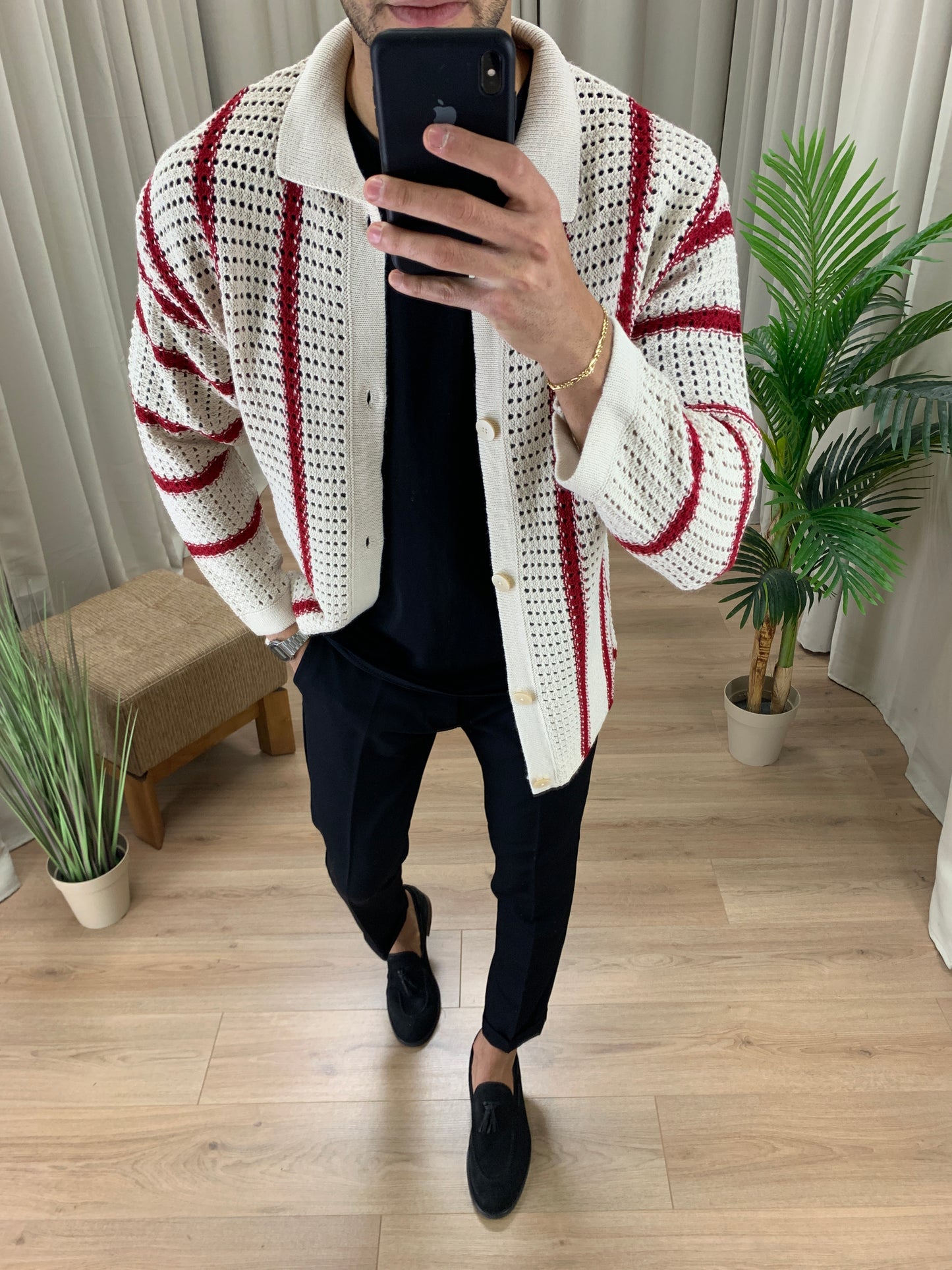 Cardigan Traforato misto Lana riga Rossa col. Avorio