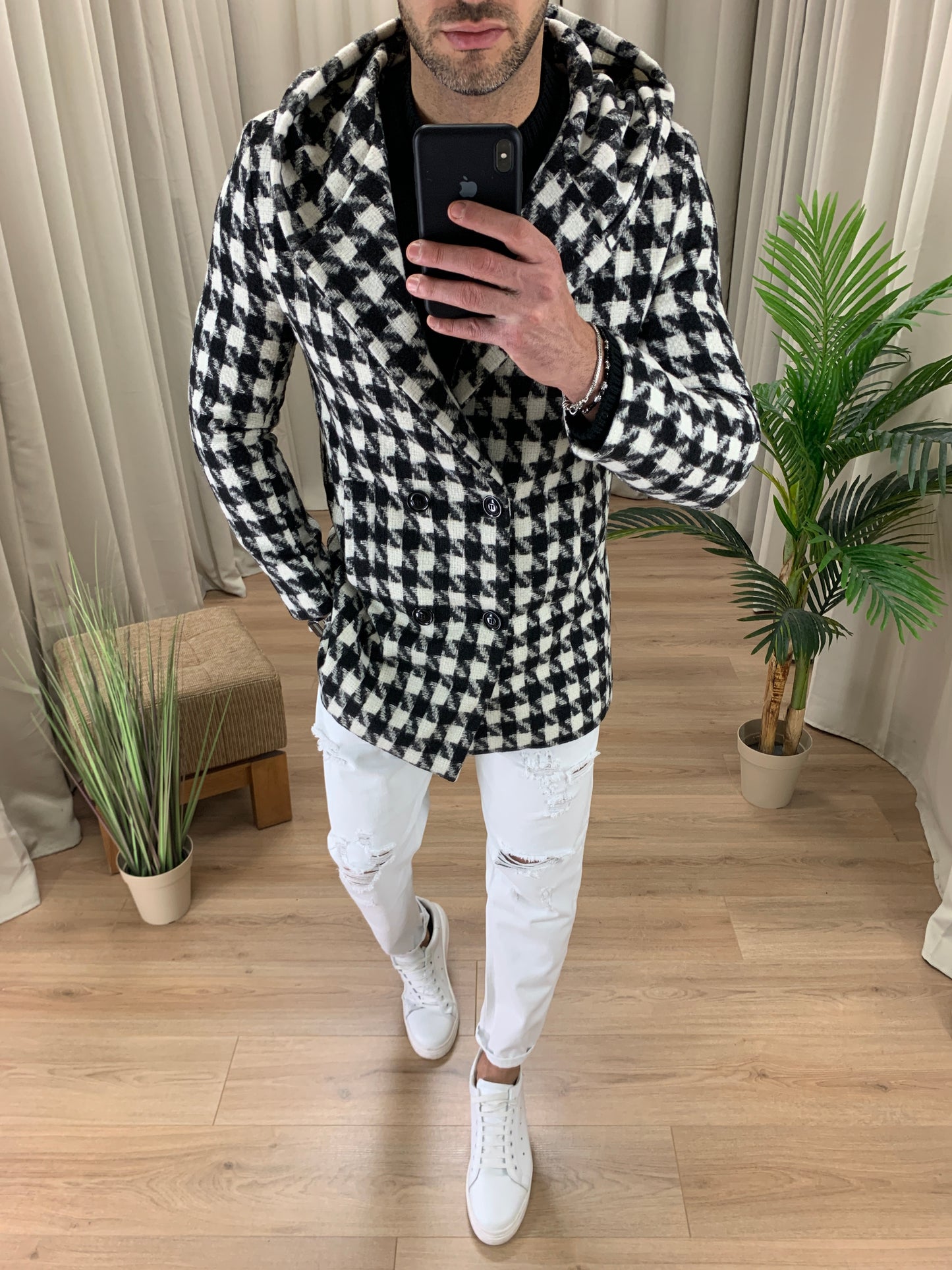 Cappotto Fantasia Pied De Poule con Bottoni col. Nero