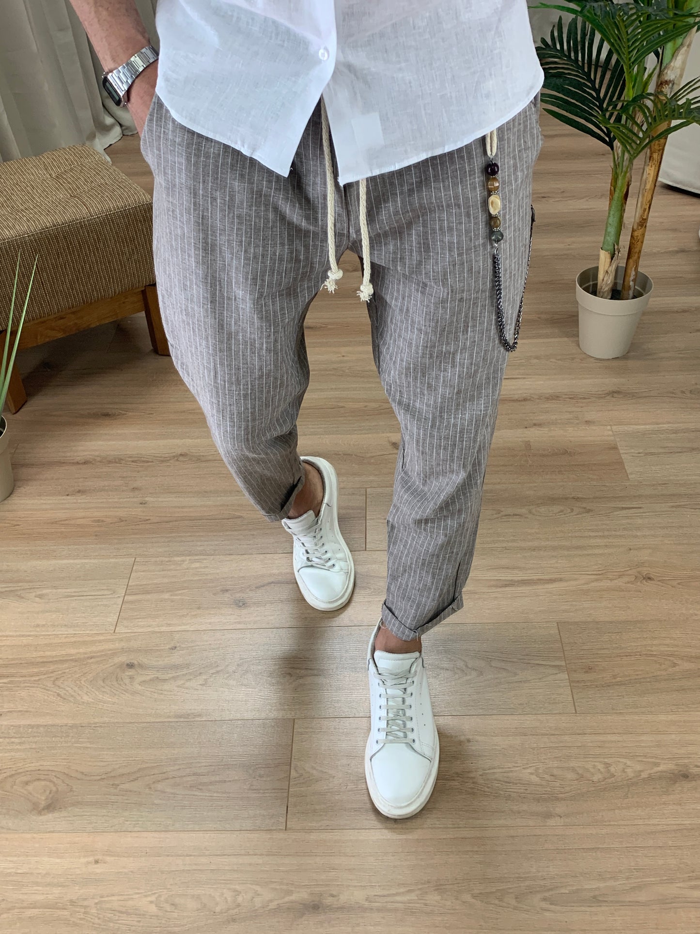 Pantalaccio Portland a righe in Lino col. Tortora