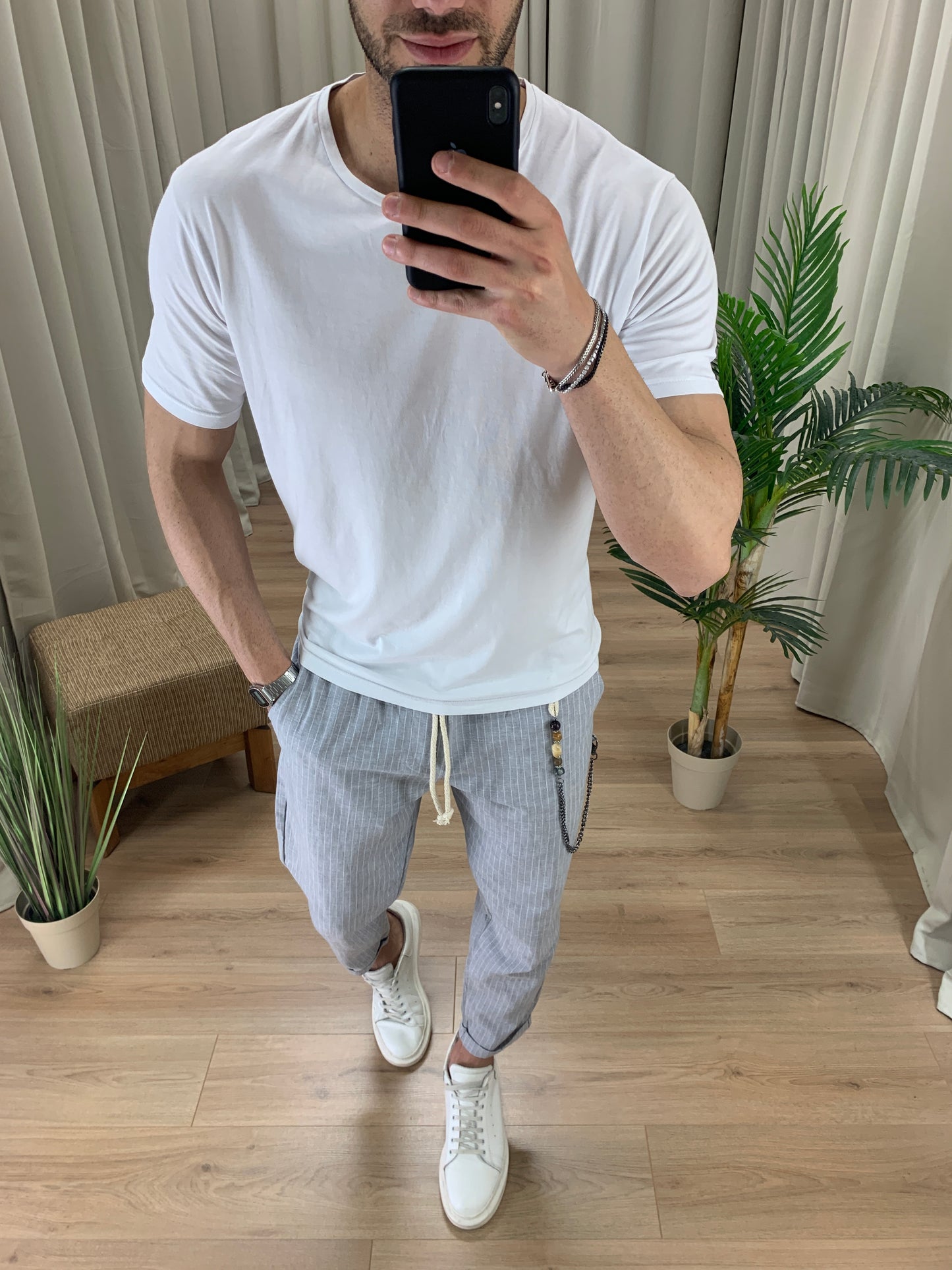 Pantalaccio Portland a righe in Lino col. Grigio