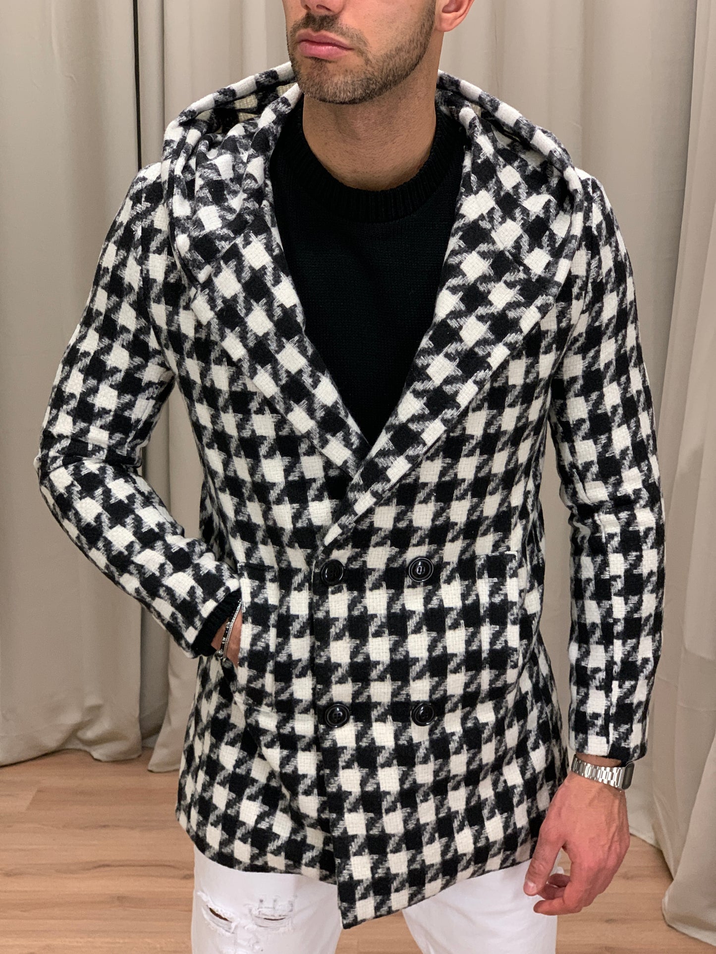 Cappotto Fantasia Pied De Poule con Bottoni col. Nero