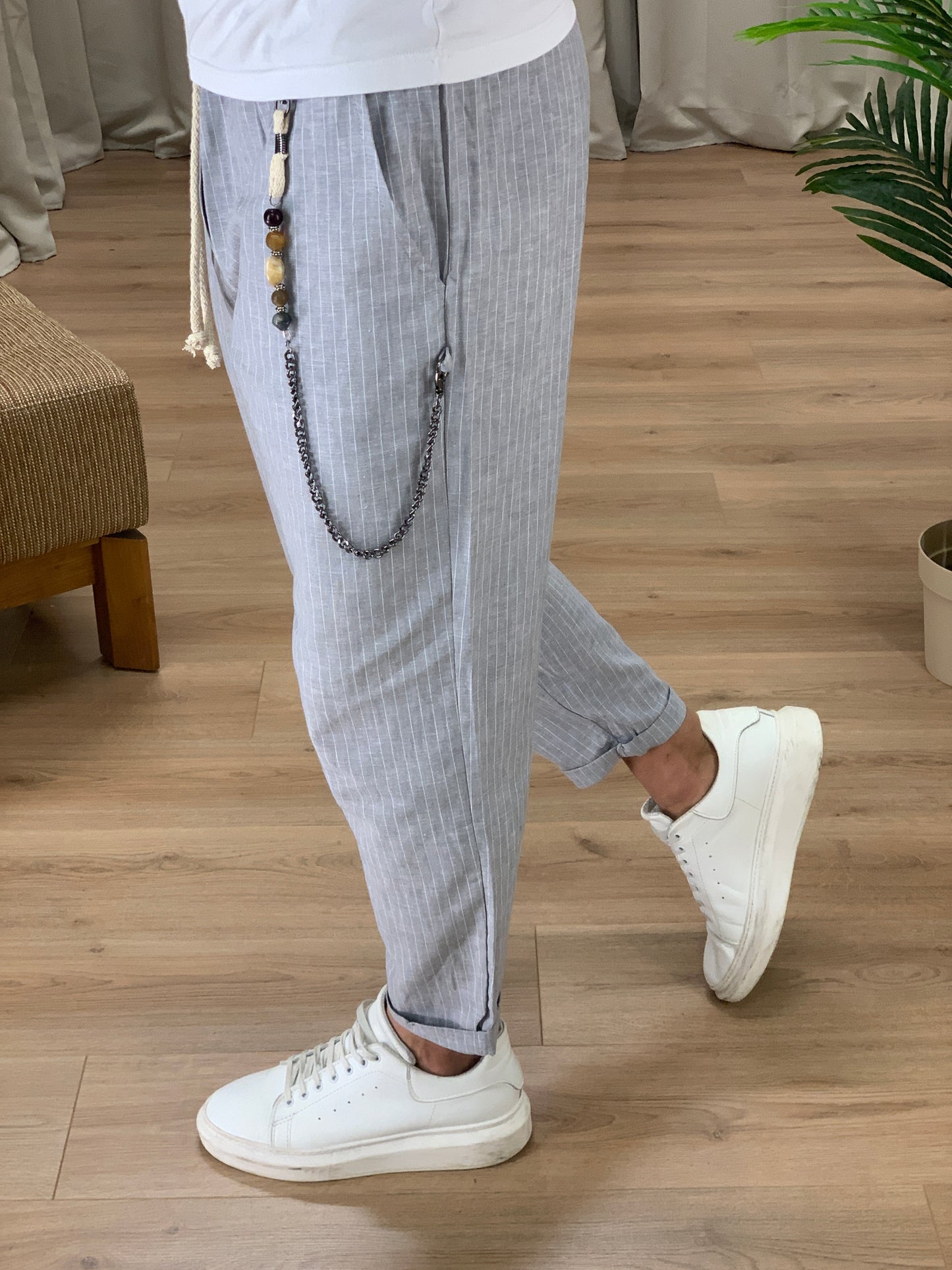 Pantalaccio Portland a righe in Lino col. Grigio