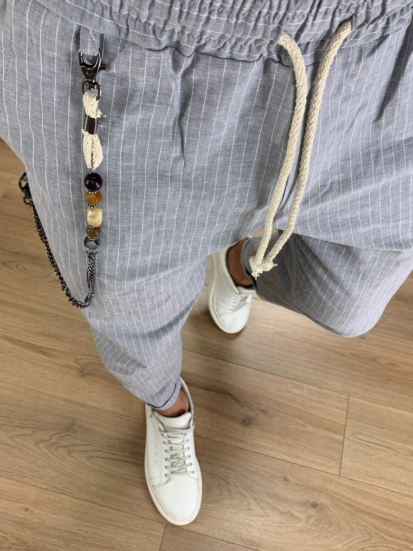 Pantalaccio Portland a righe in Lino col. Grigio