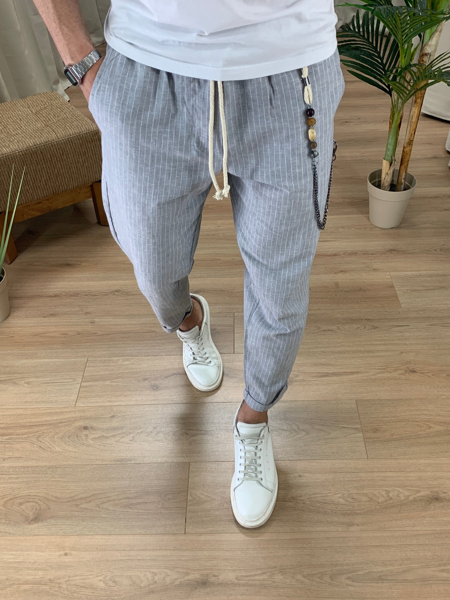Pantalaccio Portland a righe in Lino col. Grigio