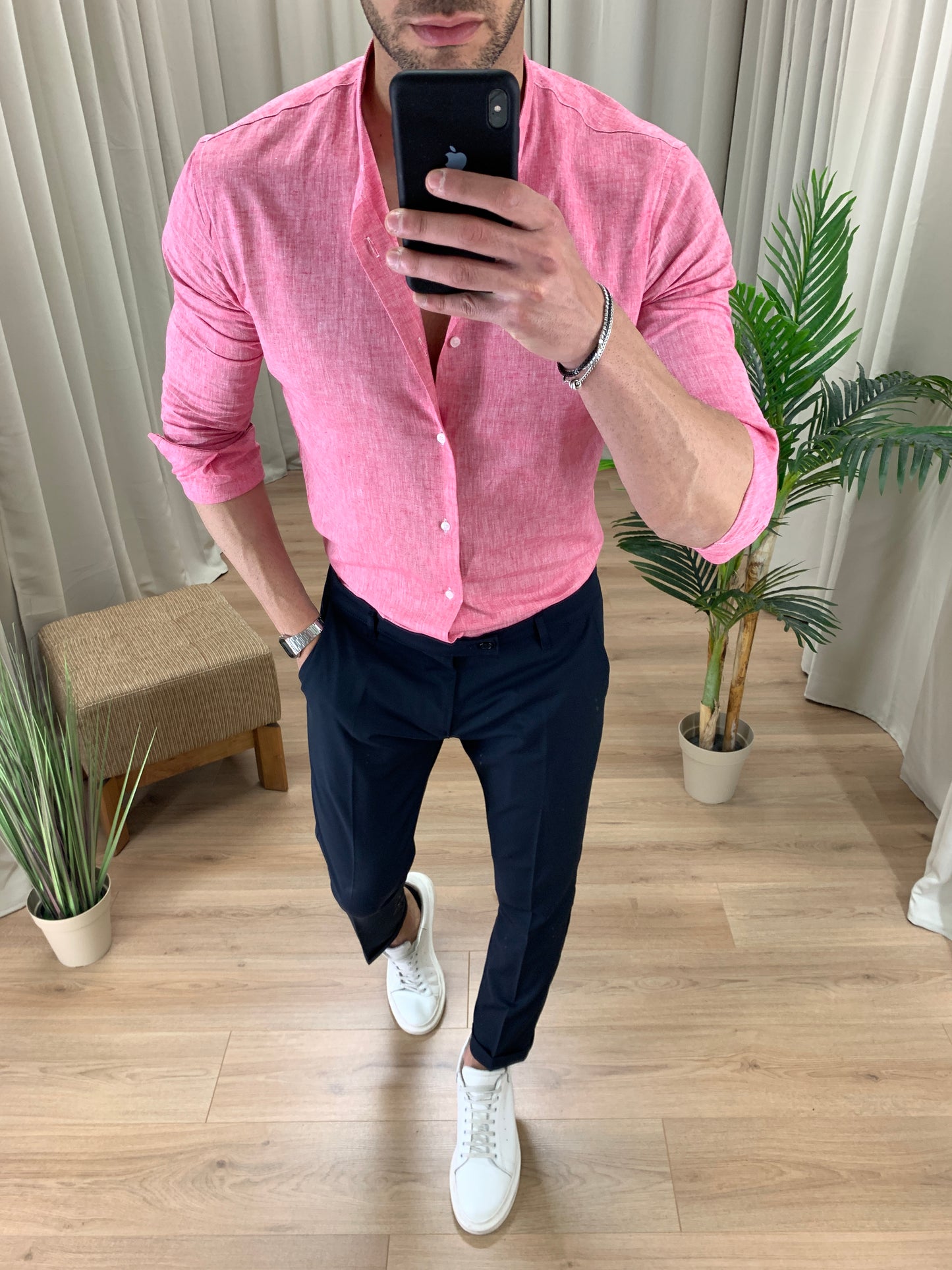 Camicia Santorini in Lino alla coreana col. Rosa Shock