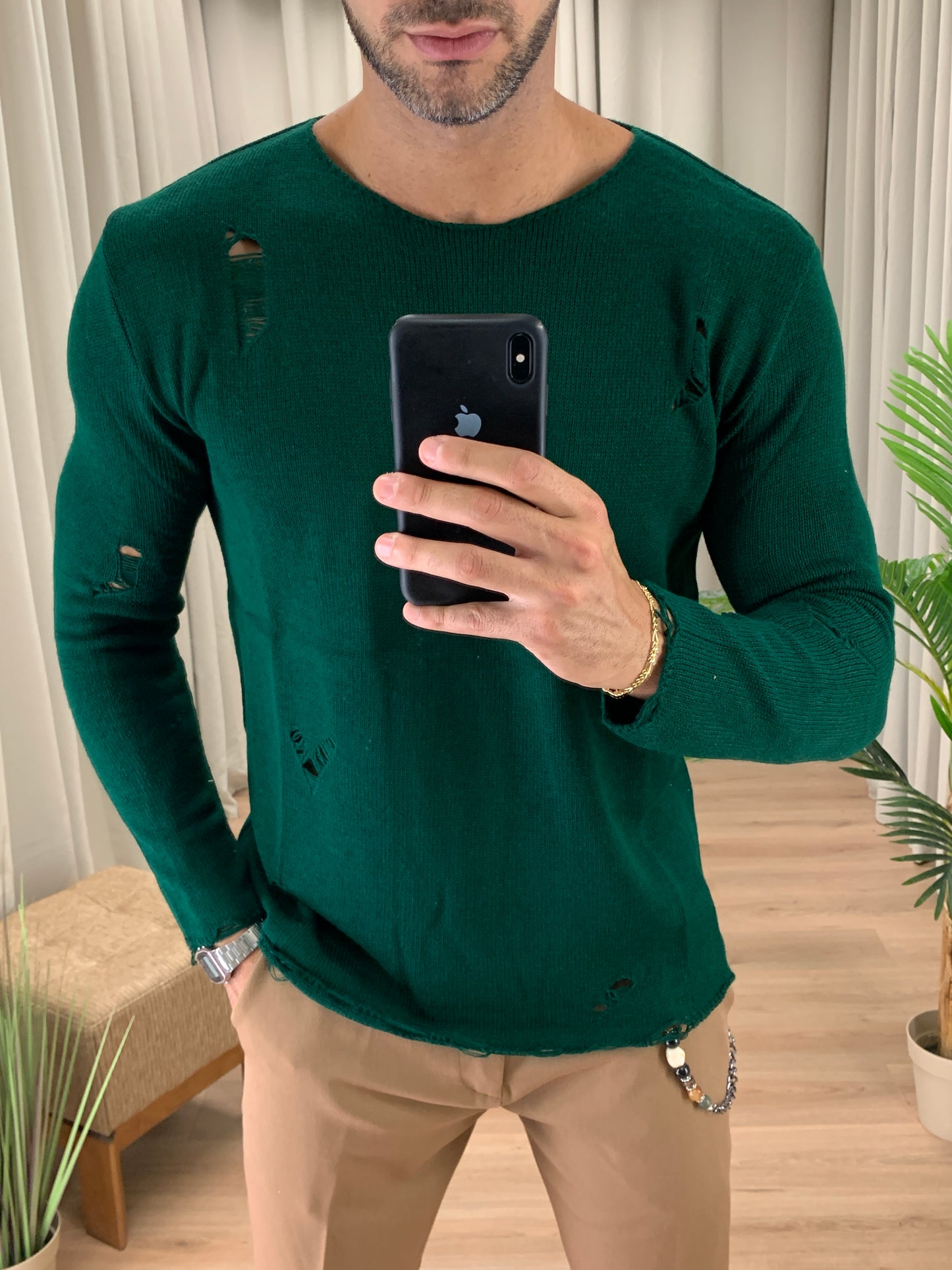Maglioncino Gruv girocollo taglio vivo lacerato col. Verde