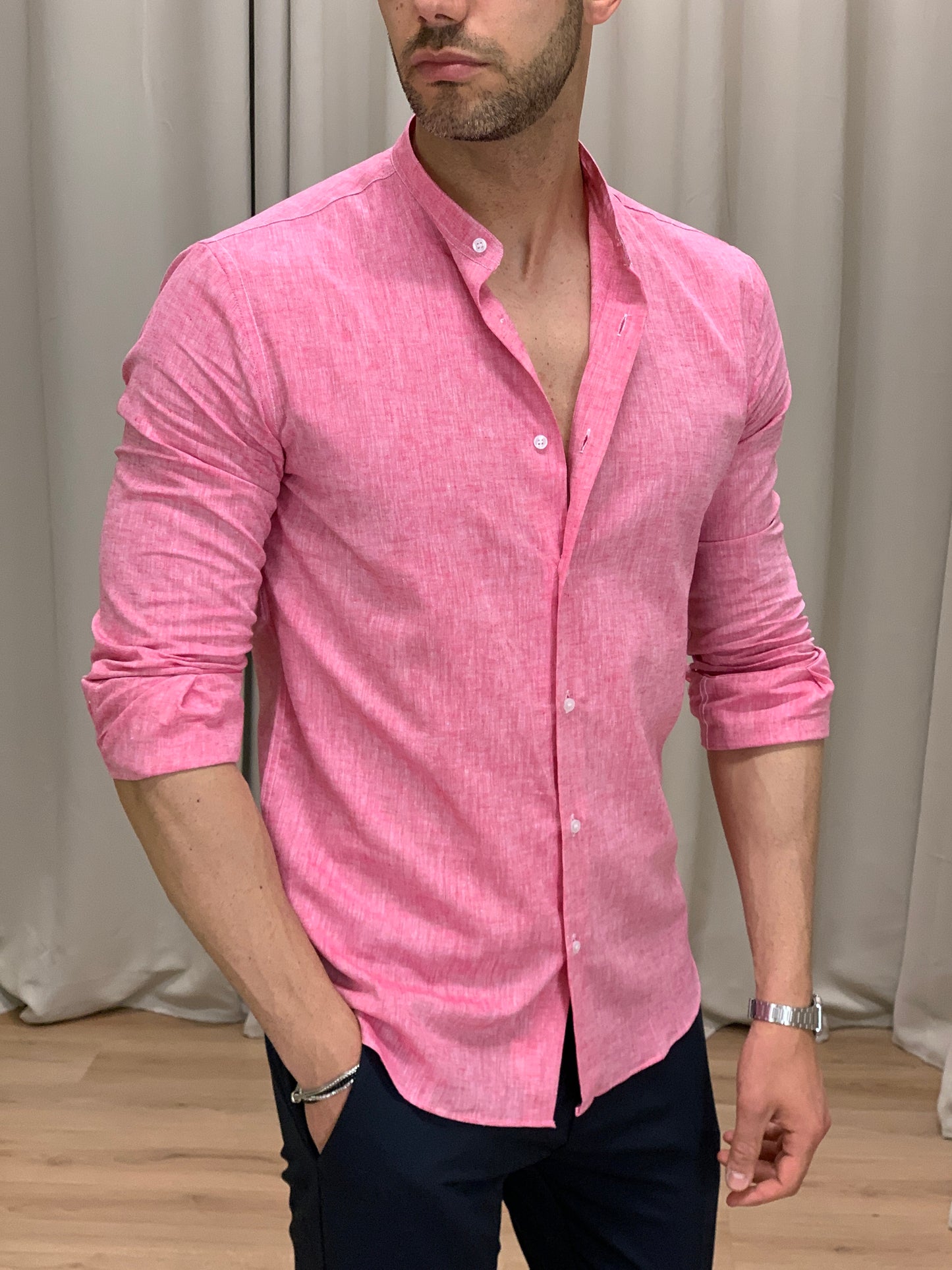 Camicia Santorini in Lino alla coreana col. Rosa Shock