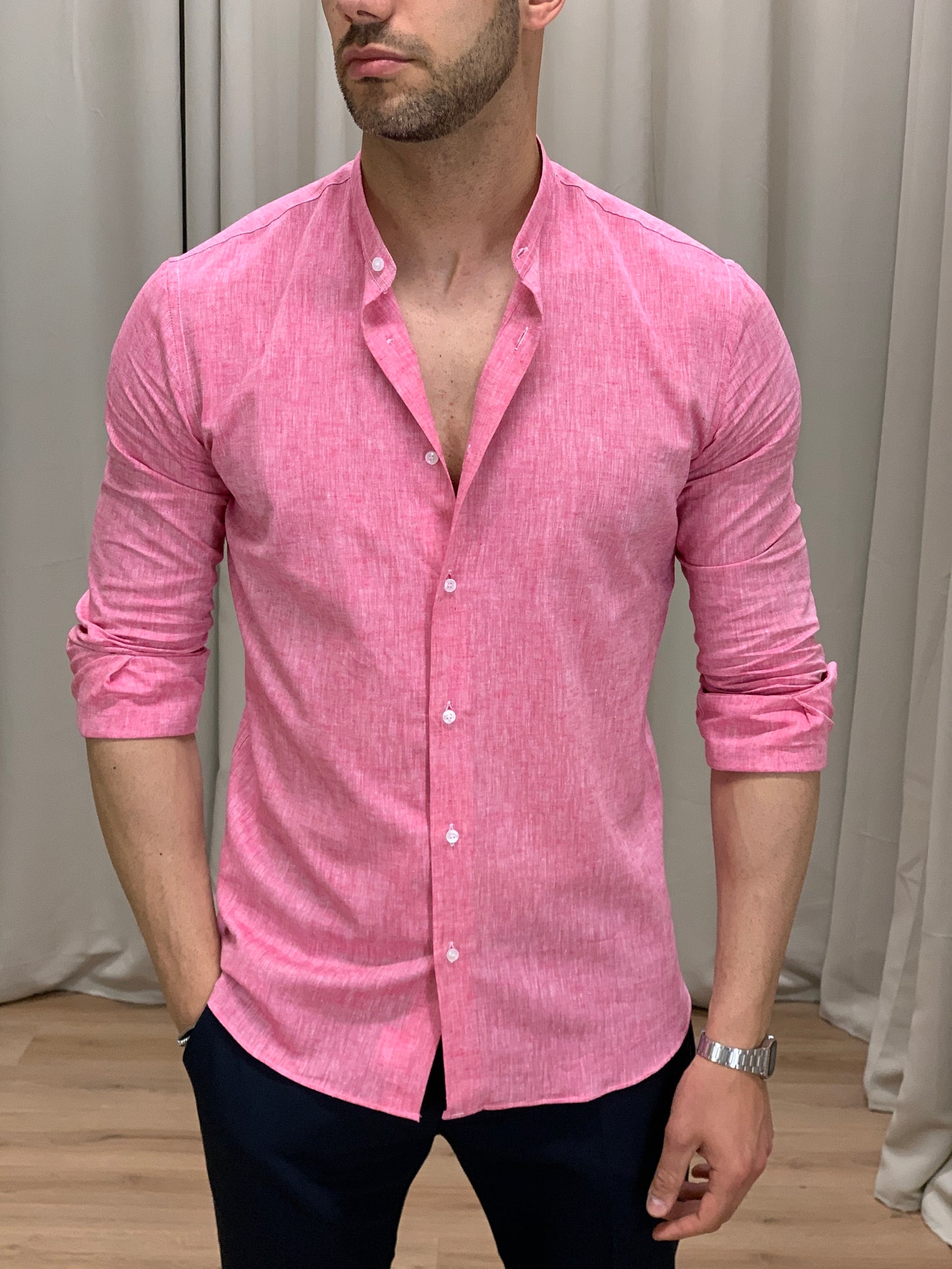 Camicia Santorini in Lino alla coreana col. Rosa Shock