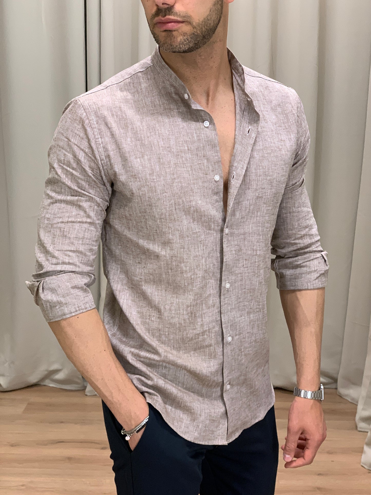 Camicia Santorini in Lino alla coreana col. Tortora