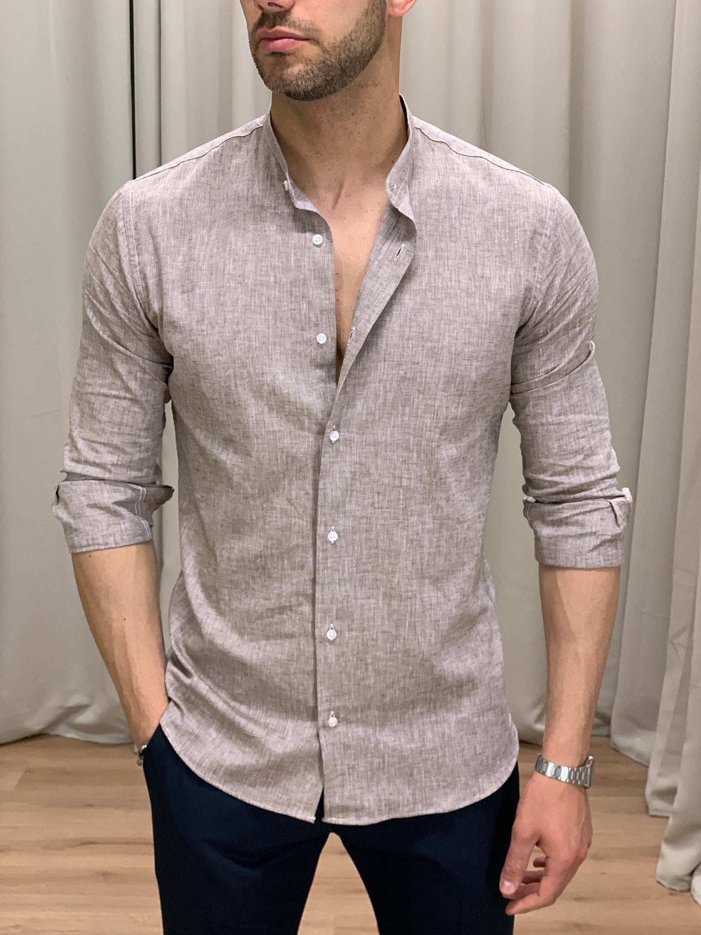 Camicia Santorini in Lino alla coreana col. Tortora
