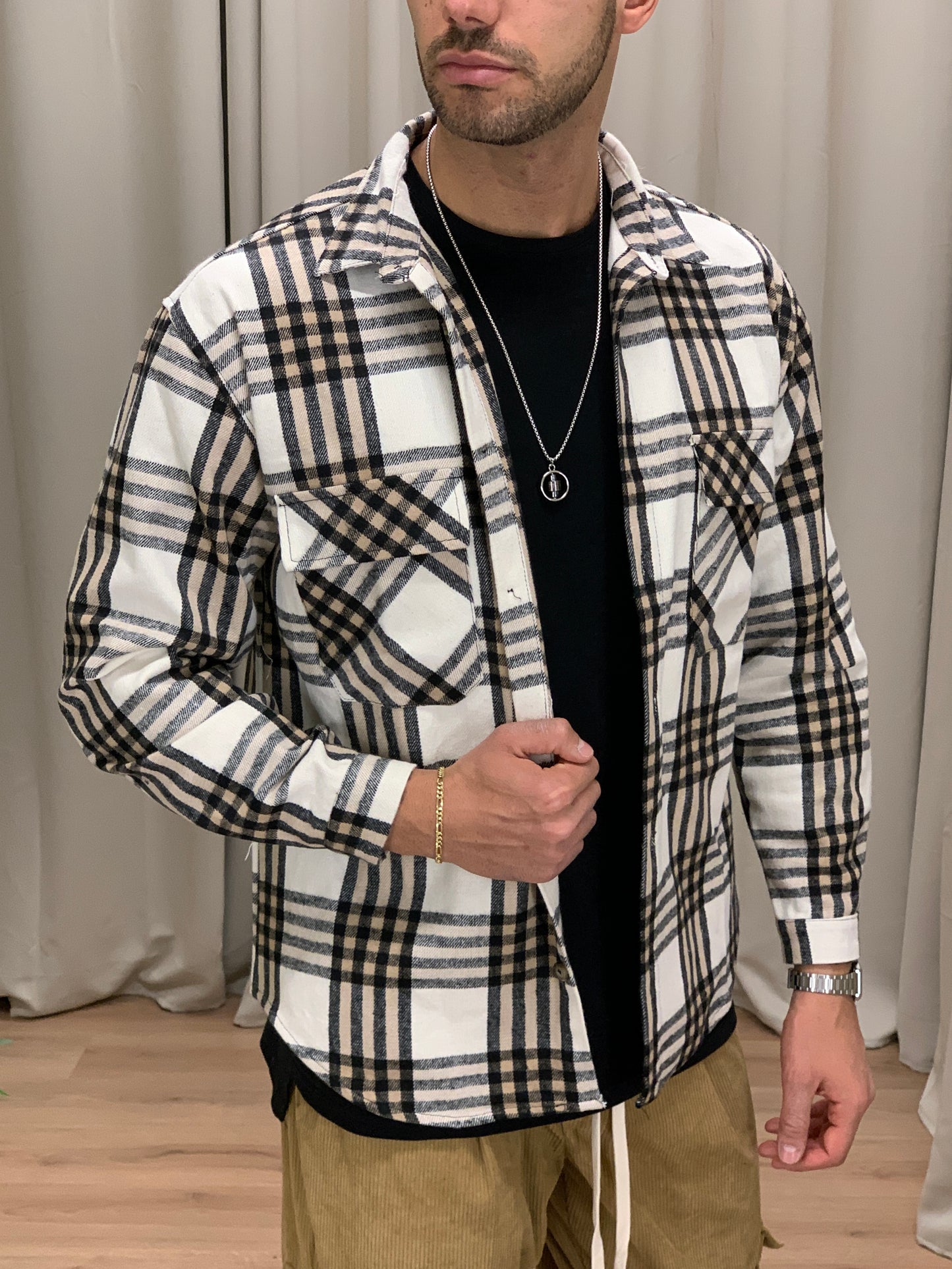 Giacca camicia Carbon a Quadri con Taschini col. Beige