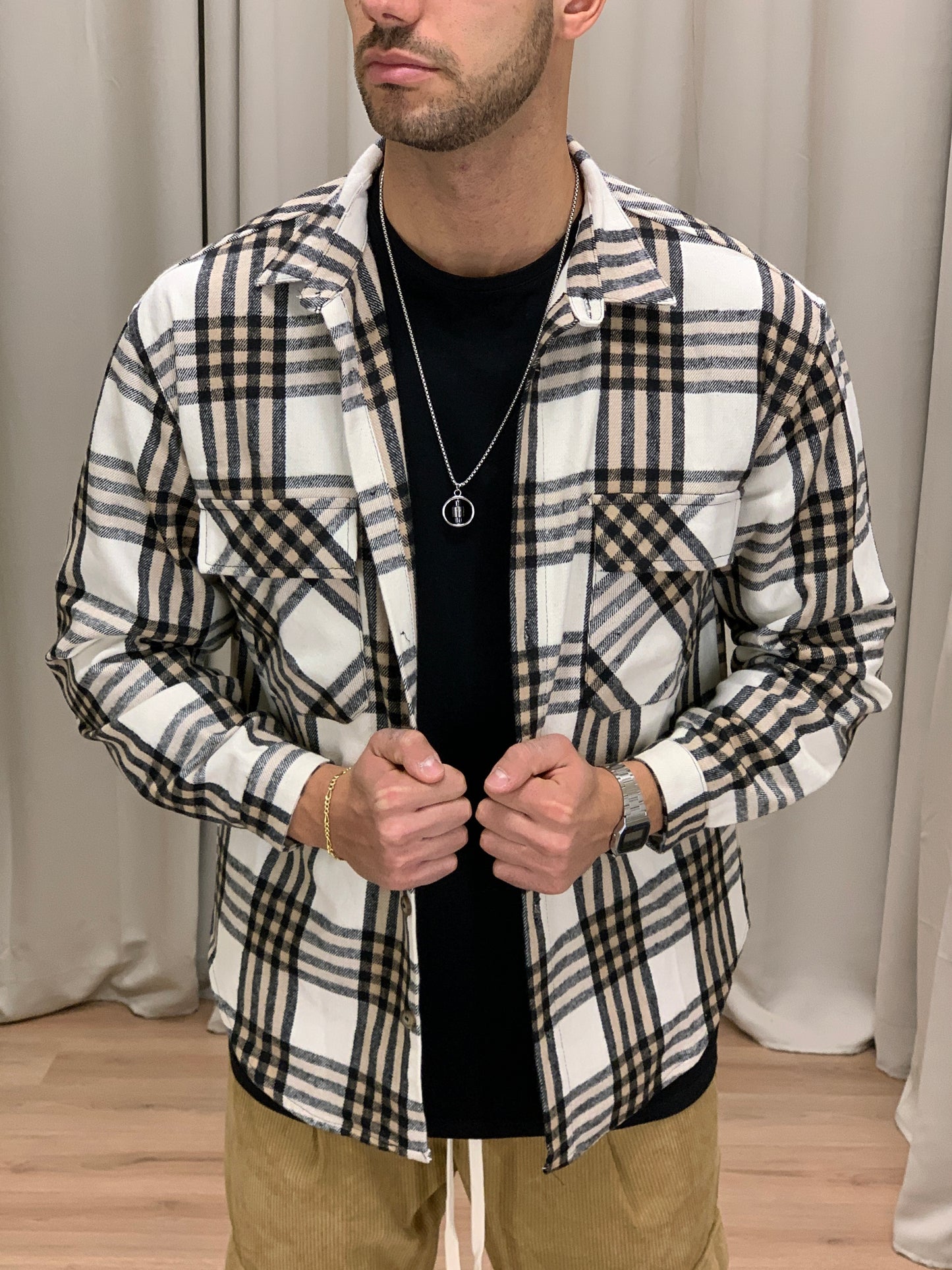 Giacca camicia Carbon a Quadri con Taschini col. Beige