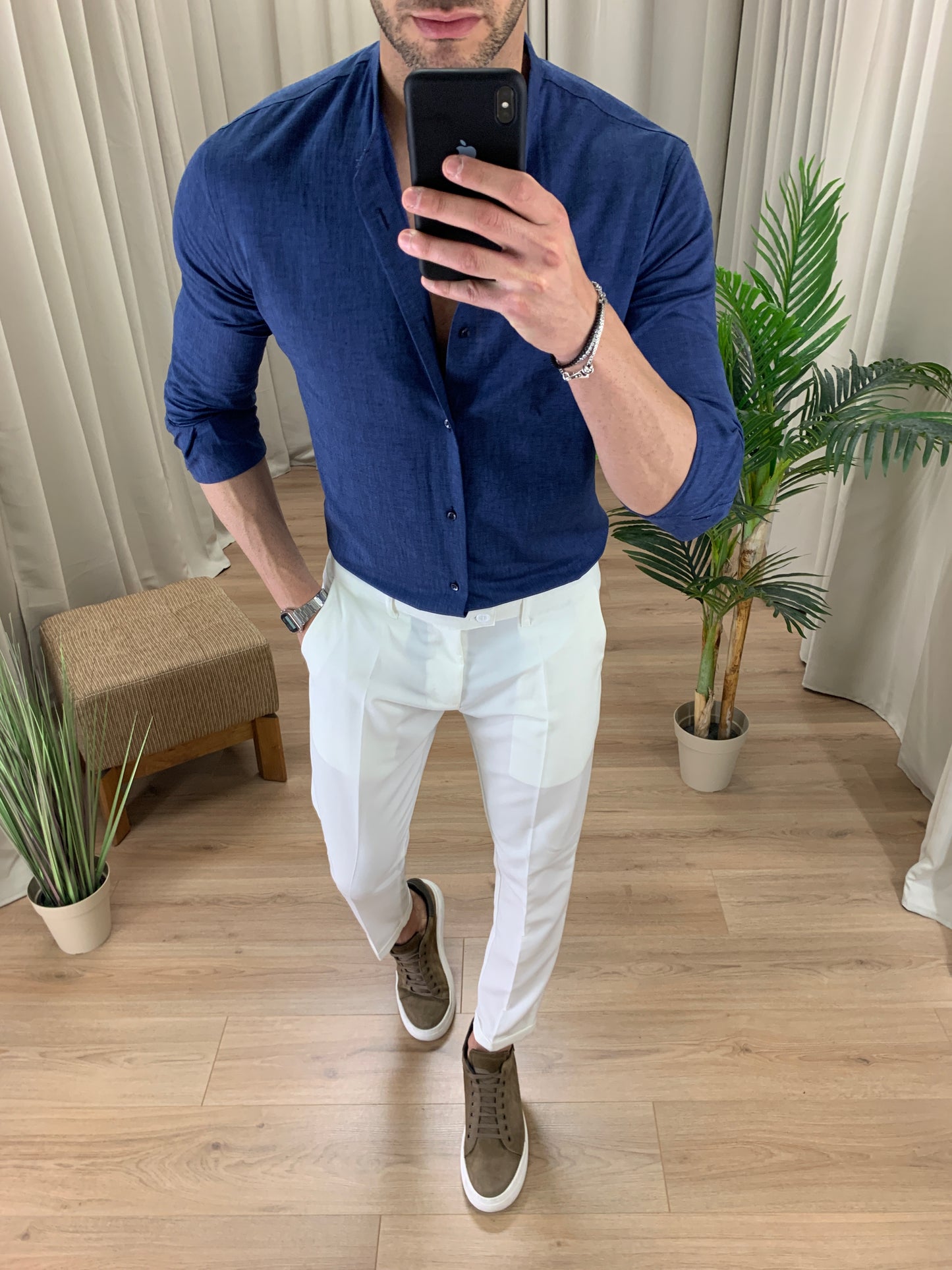 Camicia Santorini in Lino alla coreana col. Blu