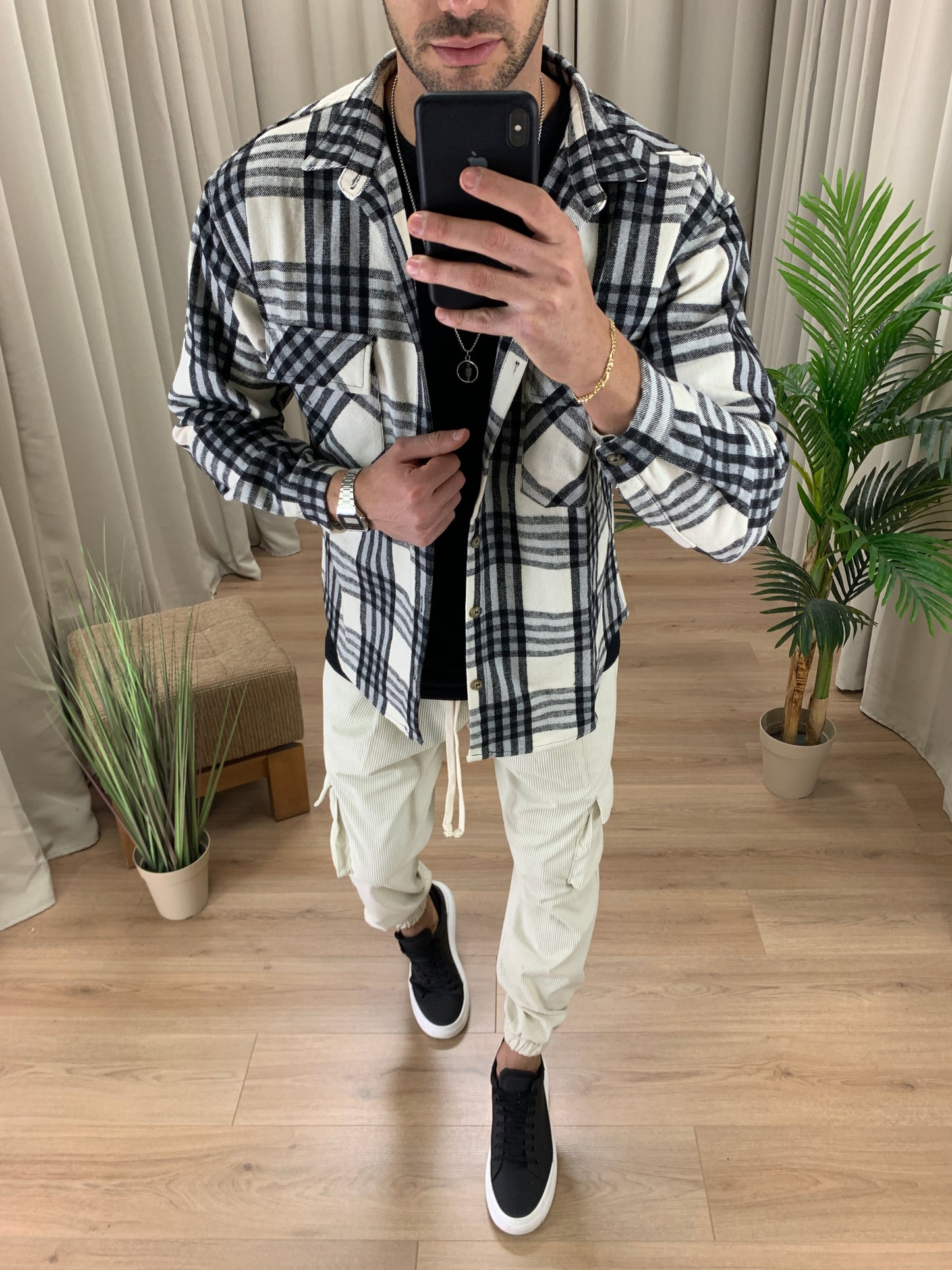 Giacca camicia Carbon a Quadri con Taschini col. Nero