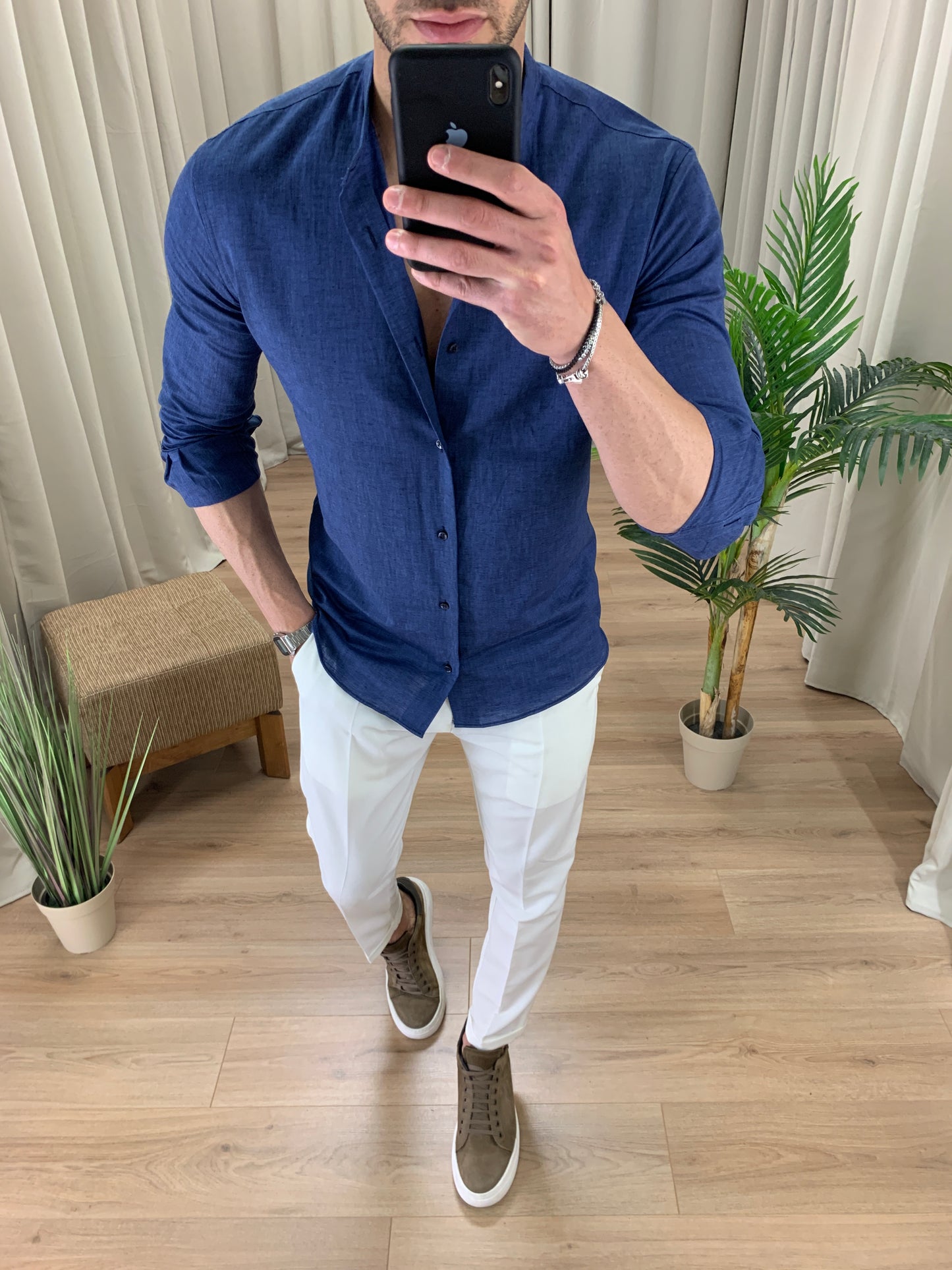 Camicia Santorini in Lino alla coreana col. Blu
