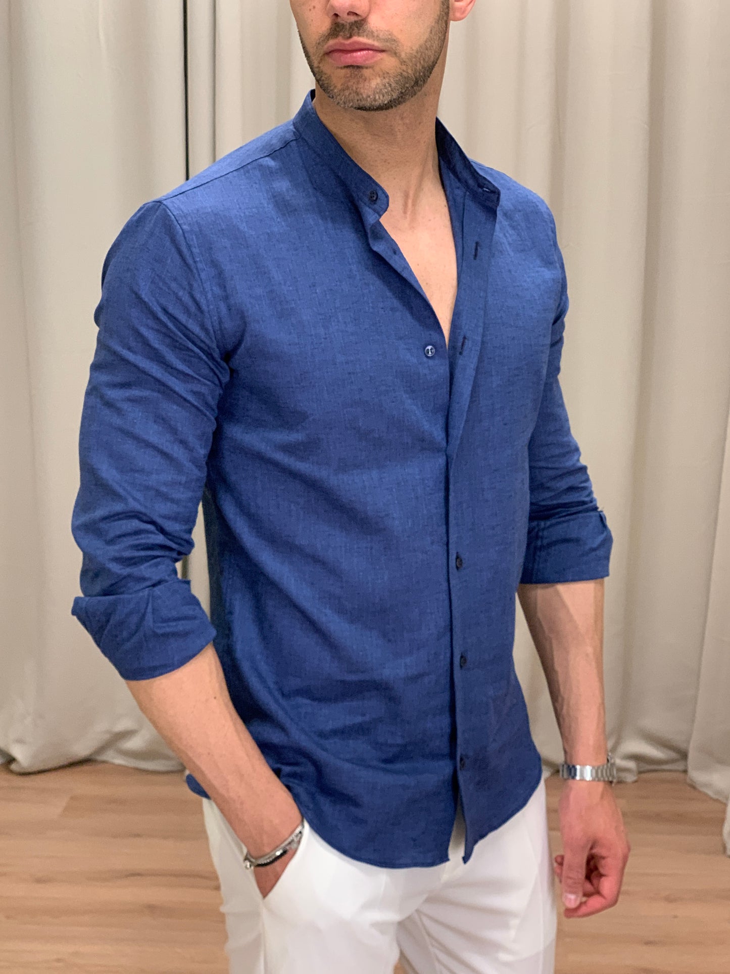Camicia Santorini in Lino alla coreana col. Blu