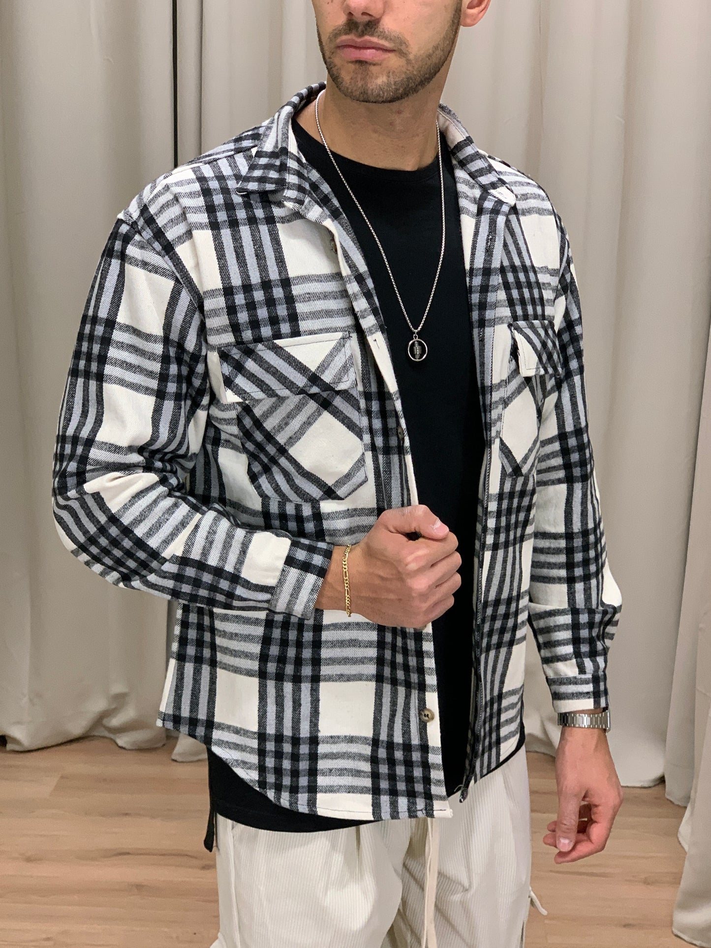 Giacca camicia Carbon a Quadri con Taschini col. Nero