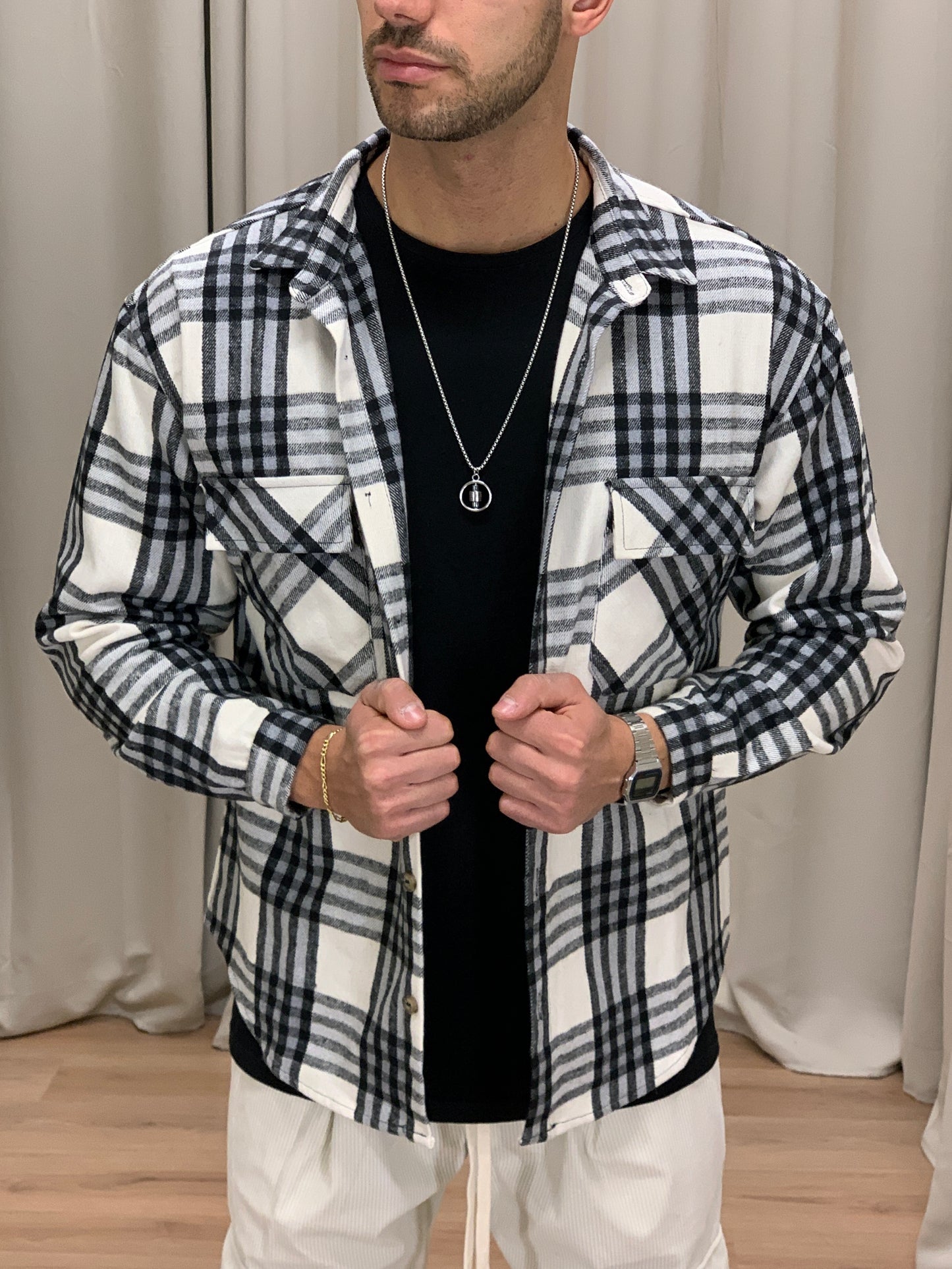 Giacca camicia Carbon a Quadri con Taschini col. Nero