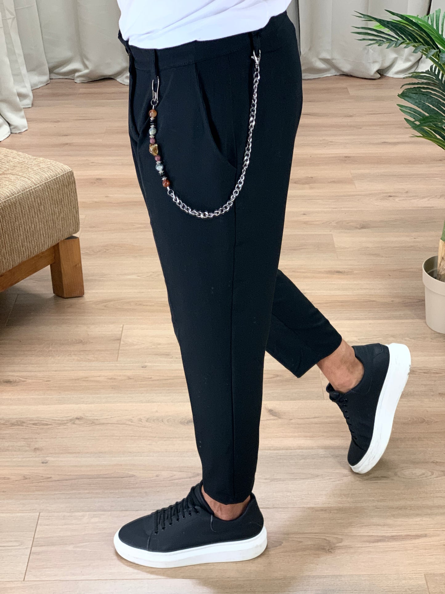 Pantalone Madrid con pinces e Catena col. Nero