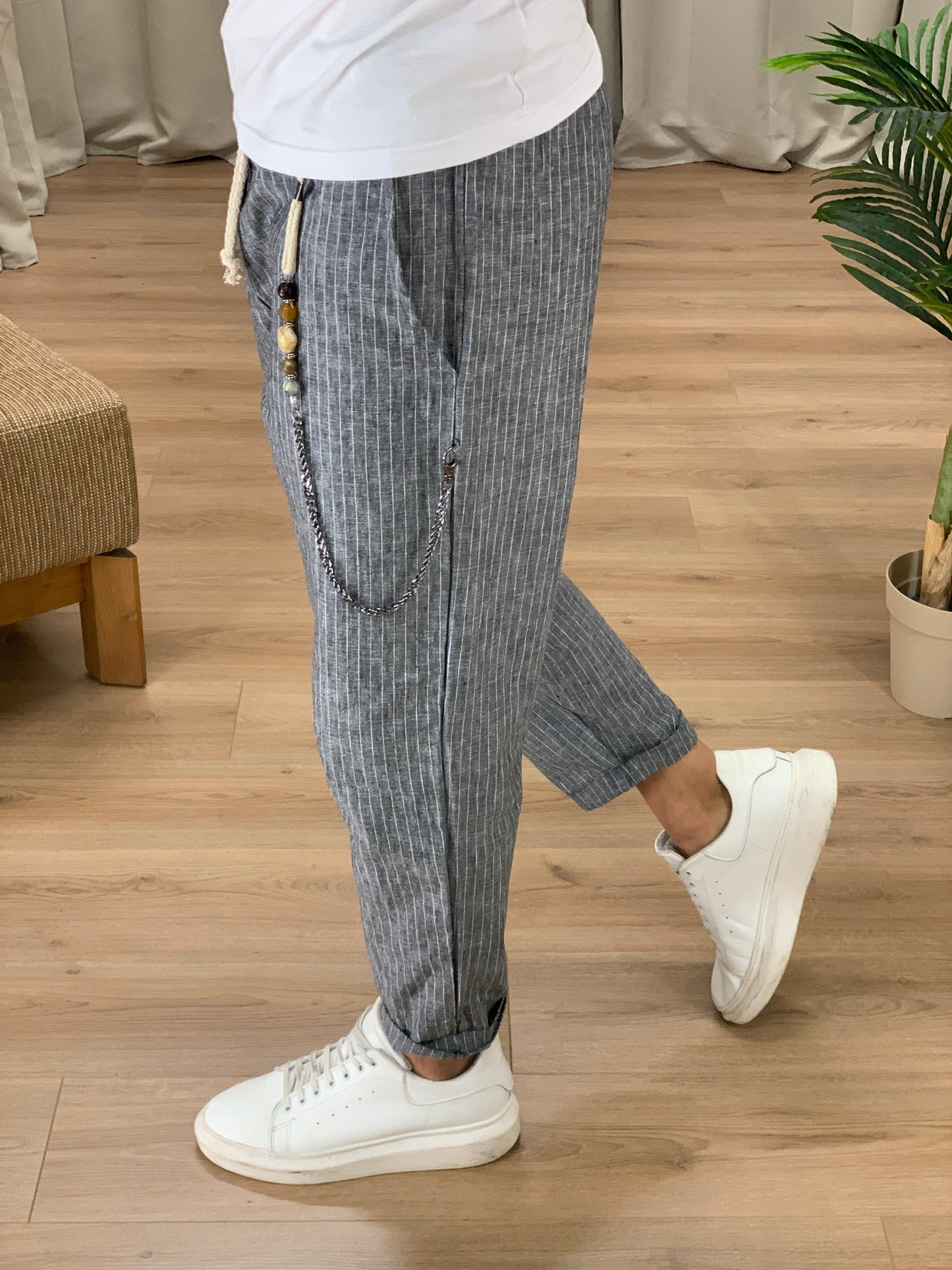 Pantalaccio Portland a righe in Lino col. Nero