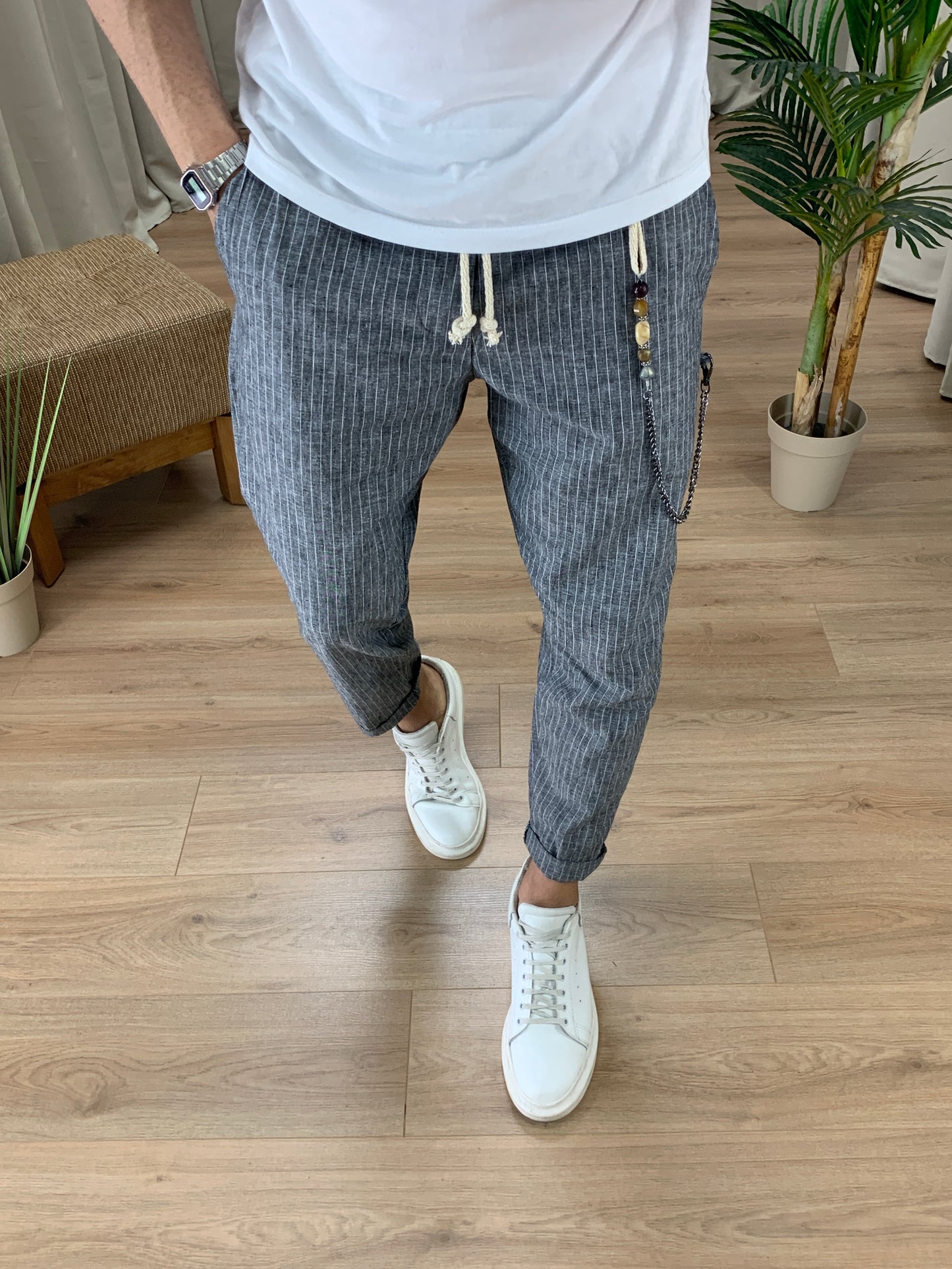 Pantalaccio Portland a righe in Lino col. Nero