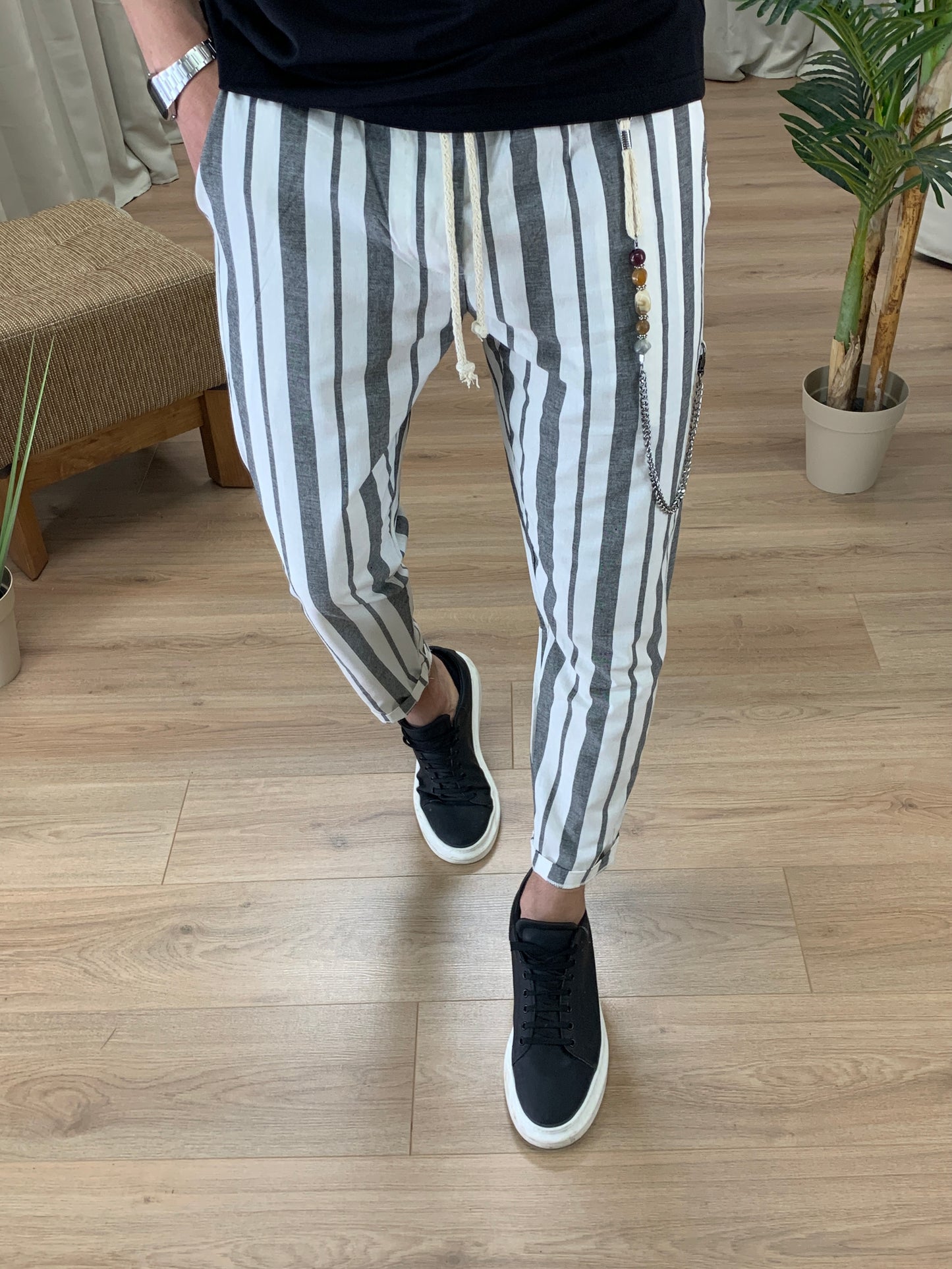 Pantalaccio Summer a righe effetto Lino col. Nero