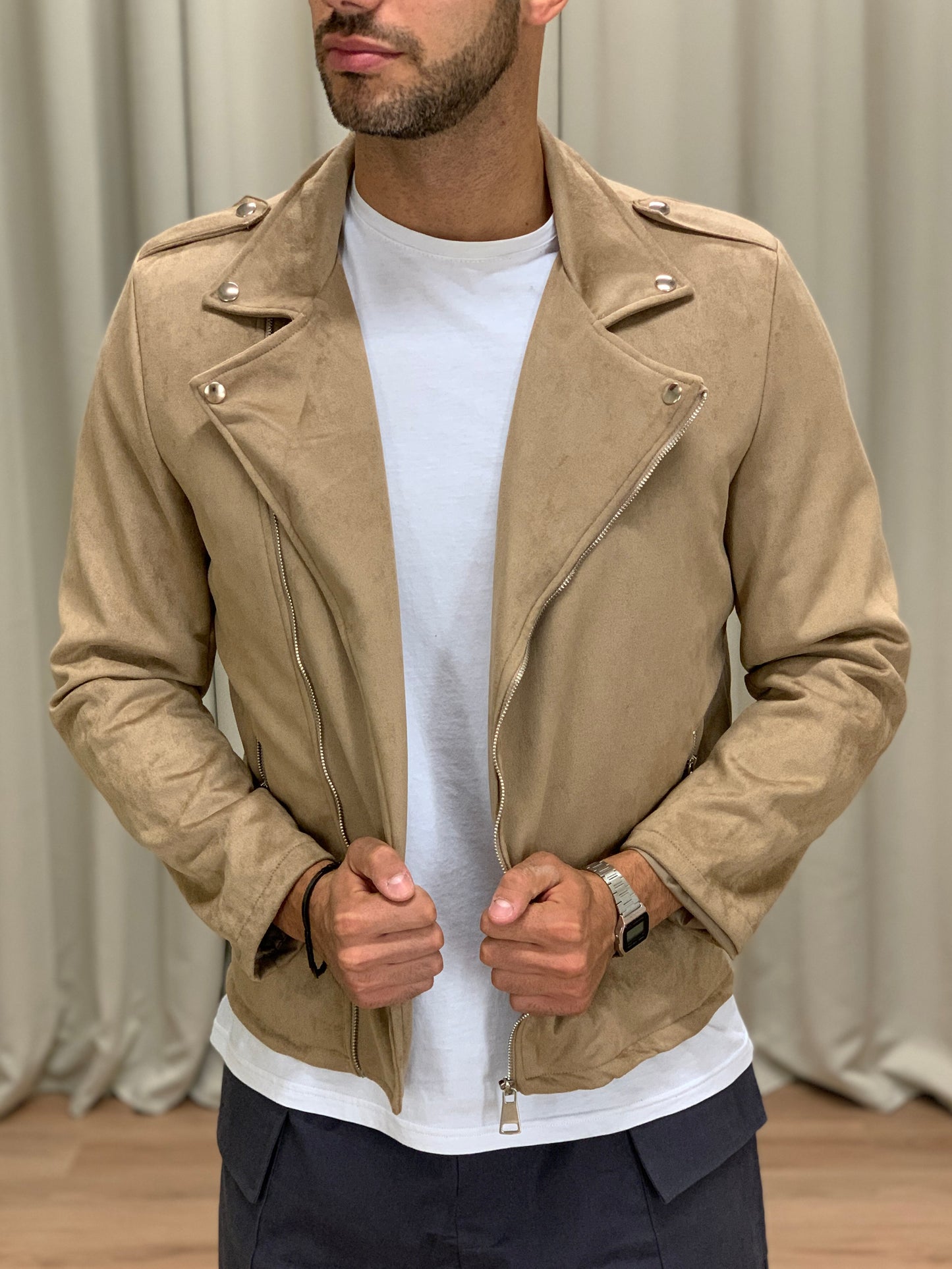 Chiodo scamosciato trapuntato col. Beige