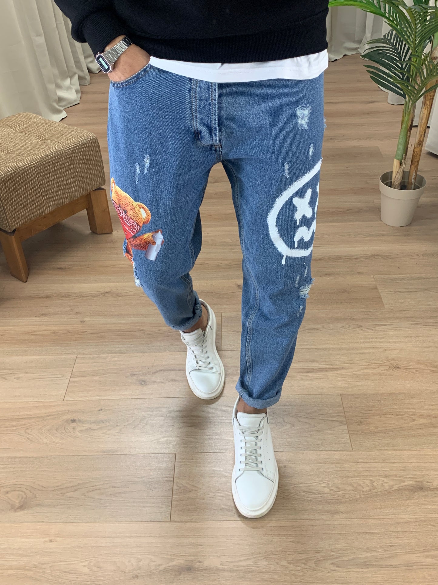 Jeans Stampa Orsetto con Bandana col. Denim