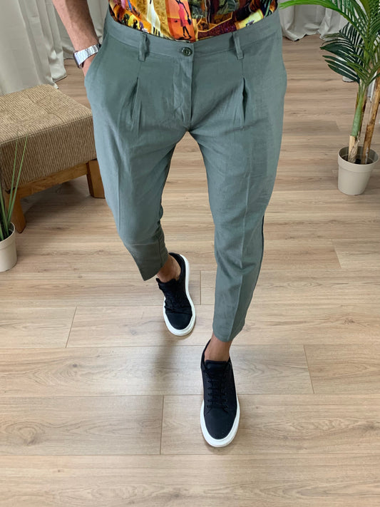 Pantalone Taormina in Lino con Pinces col. Verde Militare