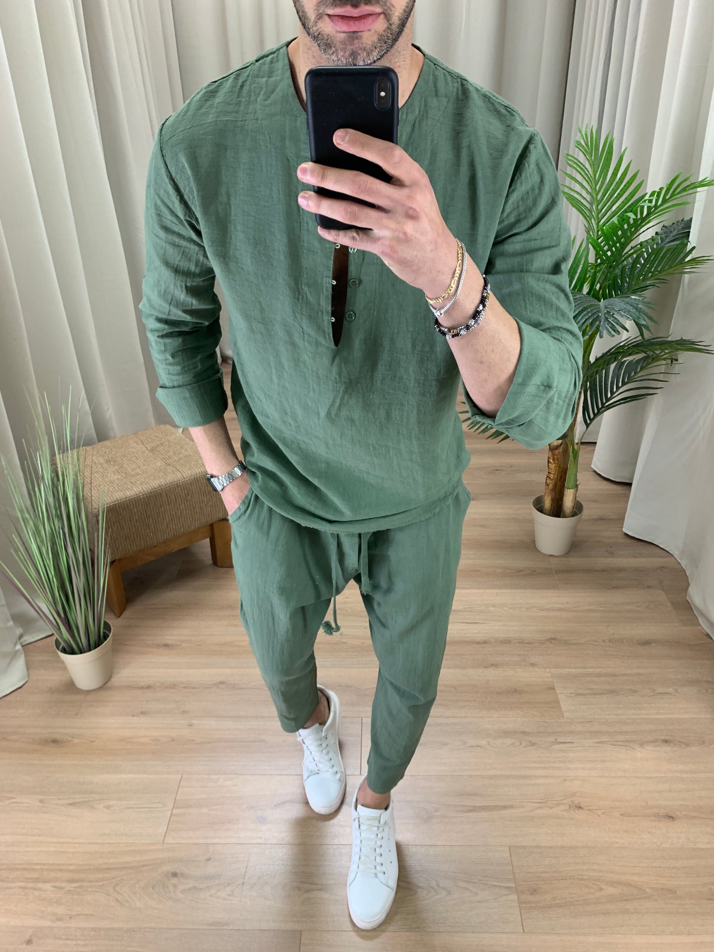 Completo Marrakech in Puro Lino Pantalone + Camicia col. Verde Militare