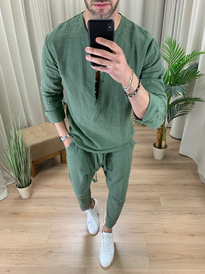 Completo Marrakech in Puro Lino Pantalone + Camicia col. Verde Militare